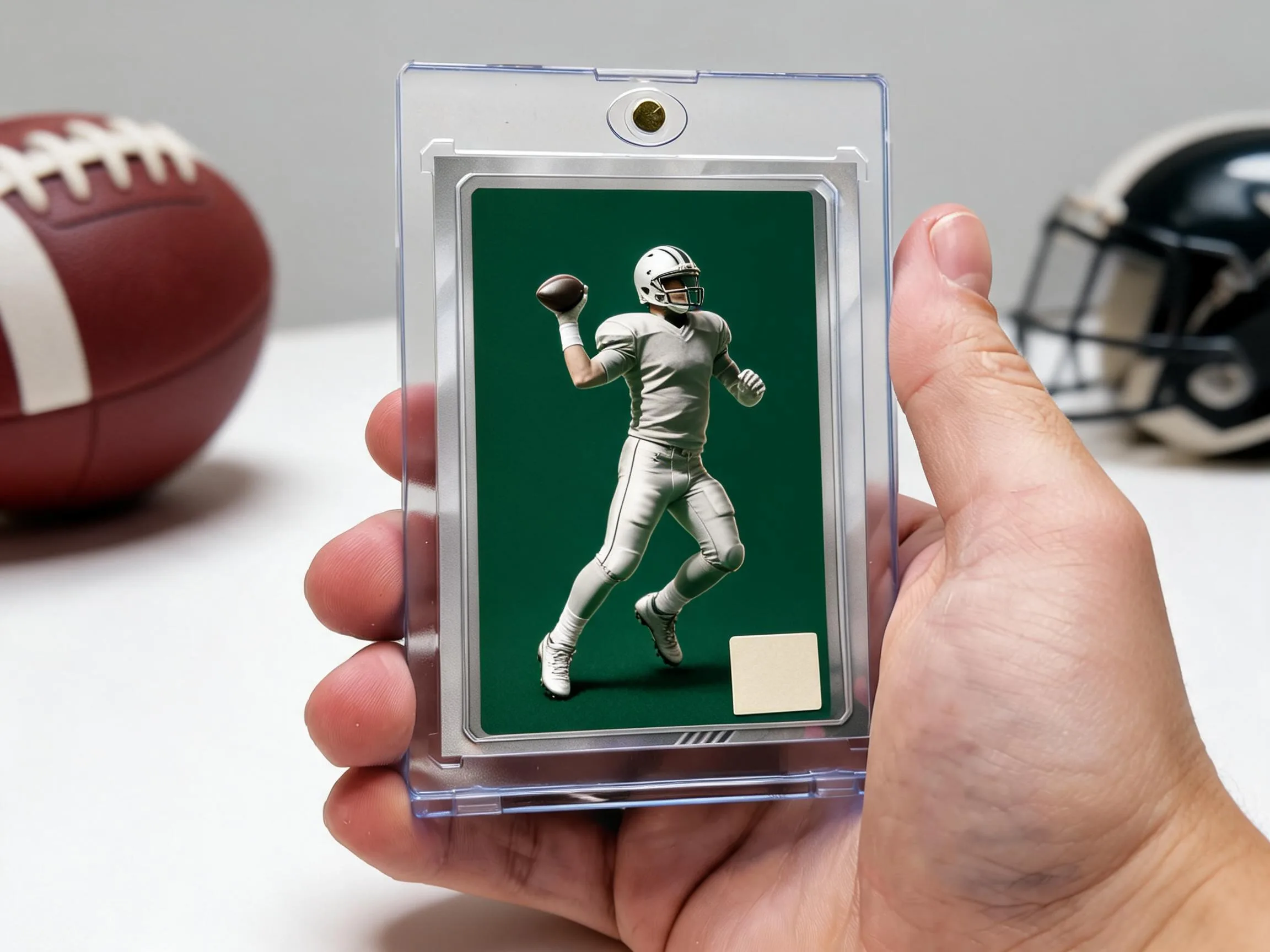 Custom football trading card in a clear magnetic case on a white tabletop.