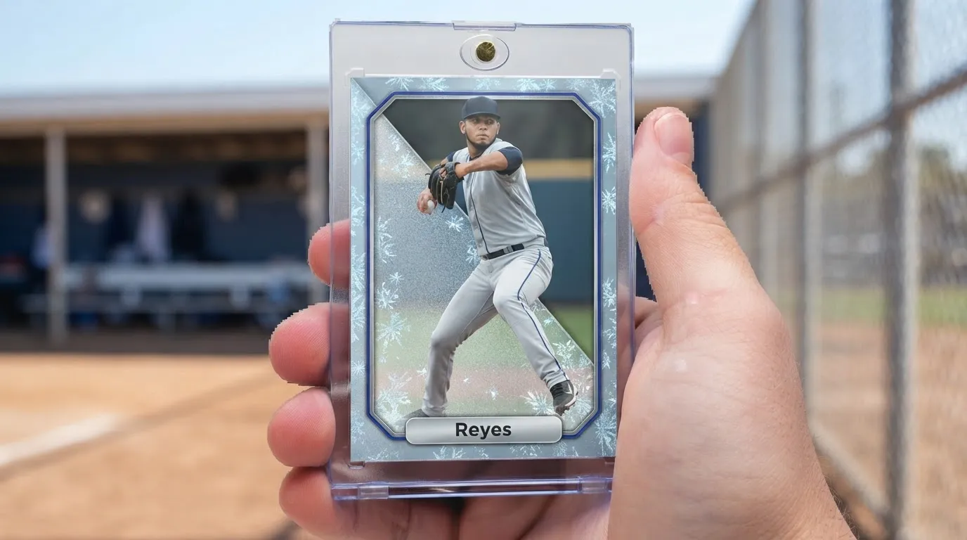 Hand holding magnetic case showing how to make a picture into a baseball card, icy refractor design.