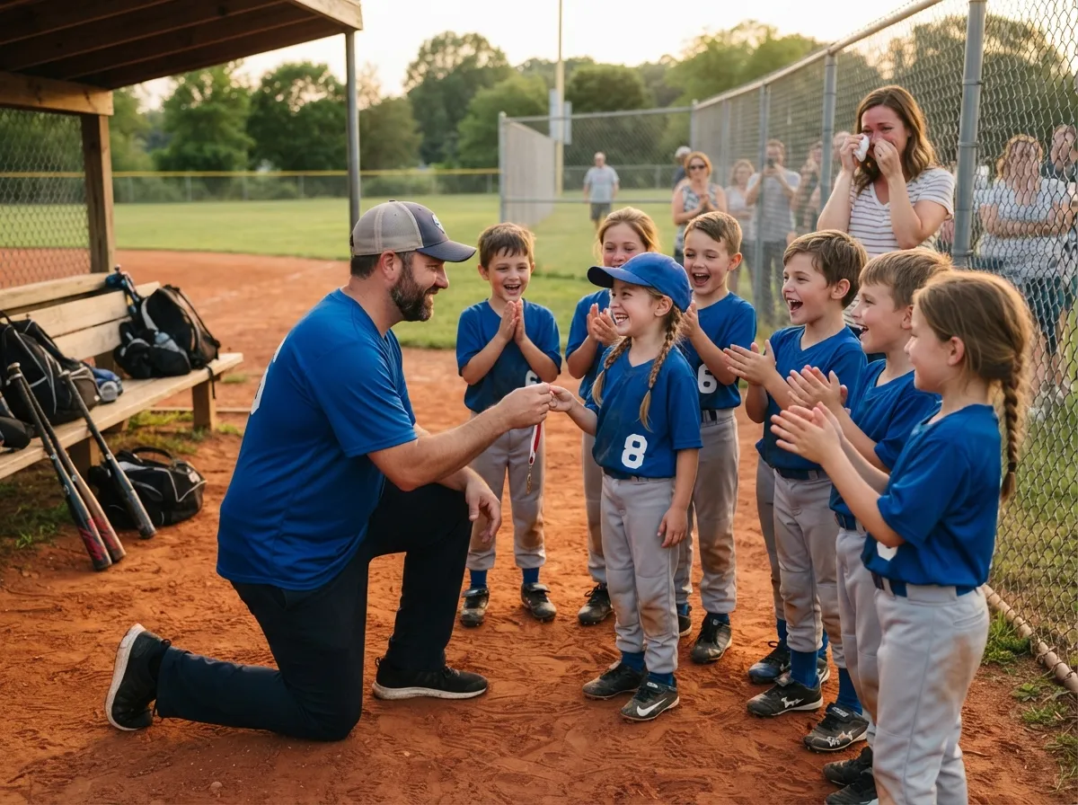 Coach and cheering teammates celebrate with young baseball player near dugout at sunset.
