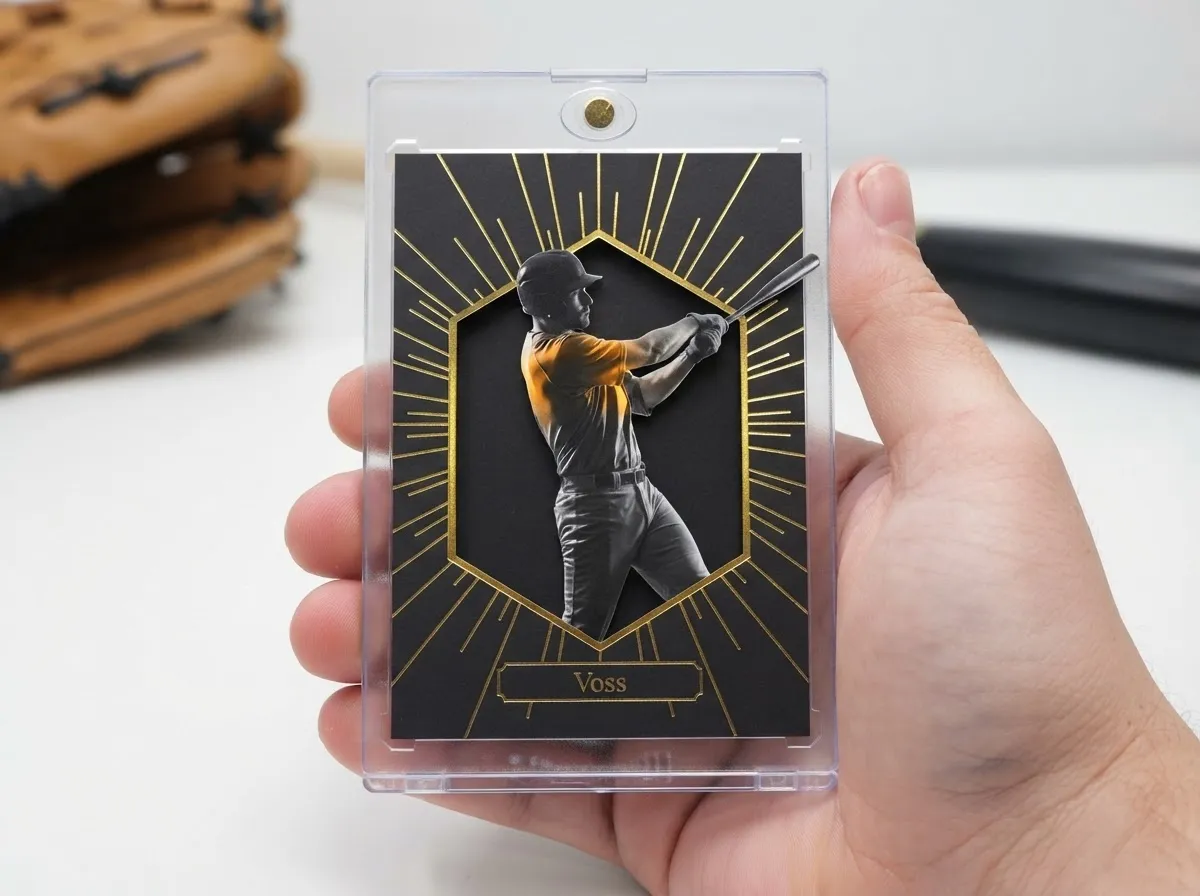 Custom baseball trading card in magnetic case with gold foil die-cut spotlight design.