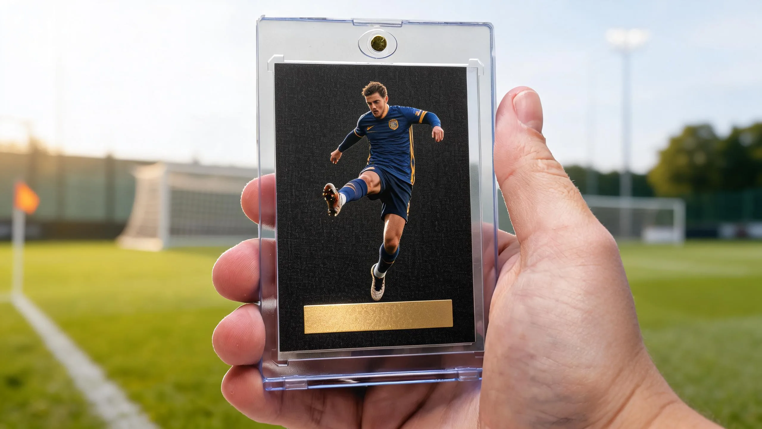 Hand holding magnetic case with premium dark soccer card, illustrating how to make a soccer card.