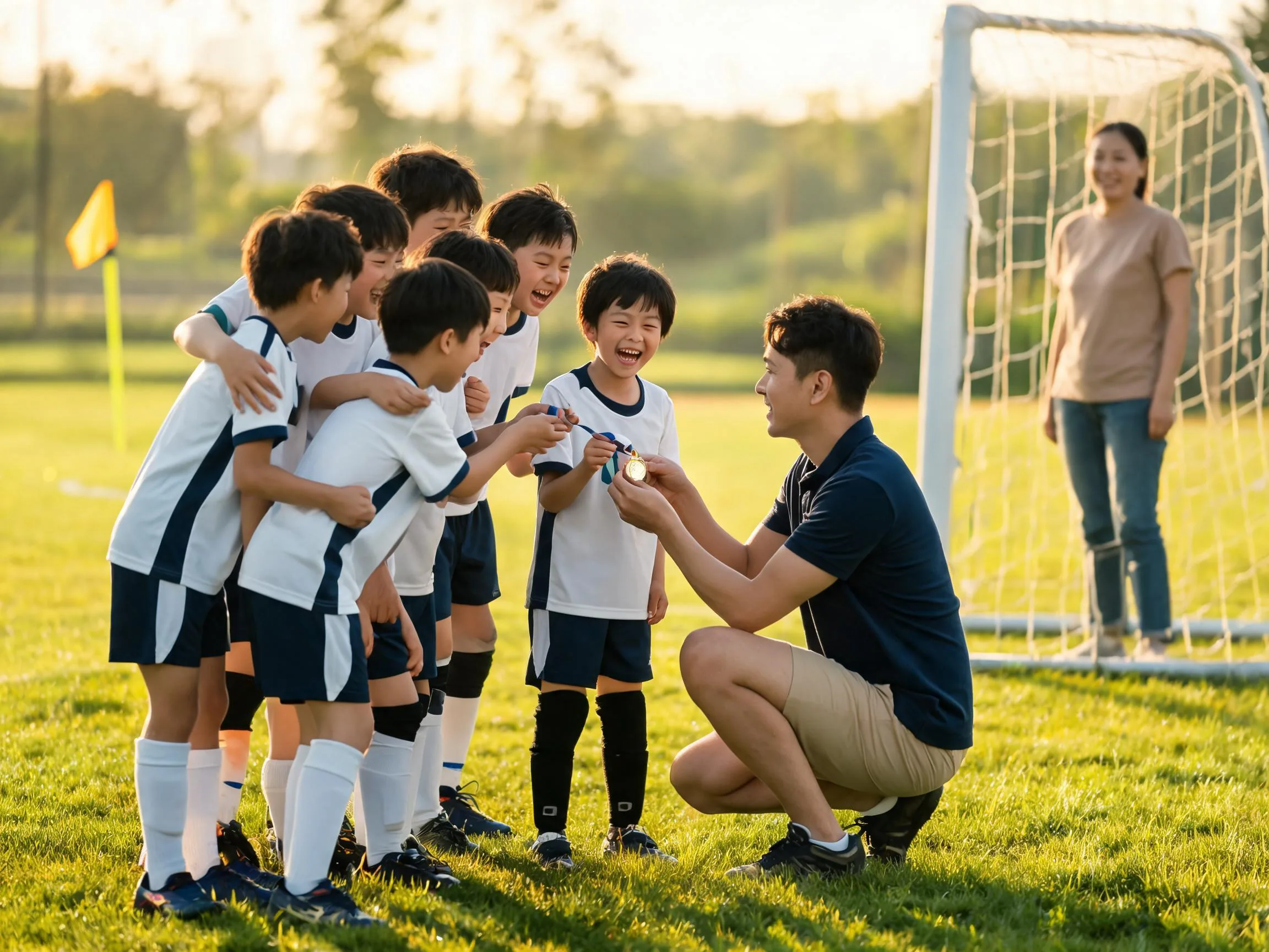 Coach and young soccer player sharing a proud celebratory moment on the field.