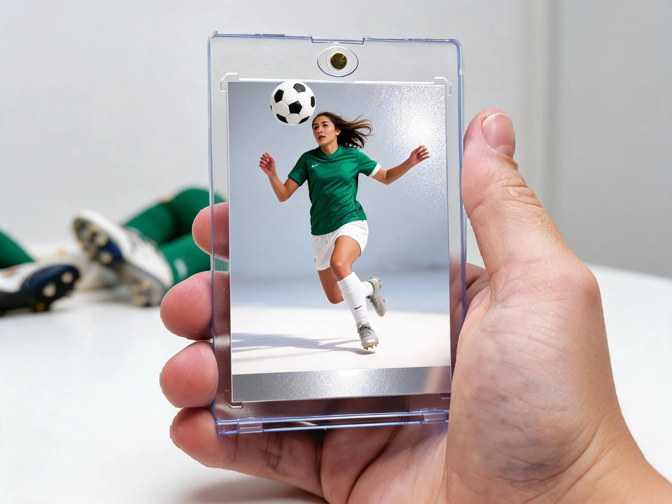 Custom soccer trading card with chrome finish displayed in clear magnetic case.