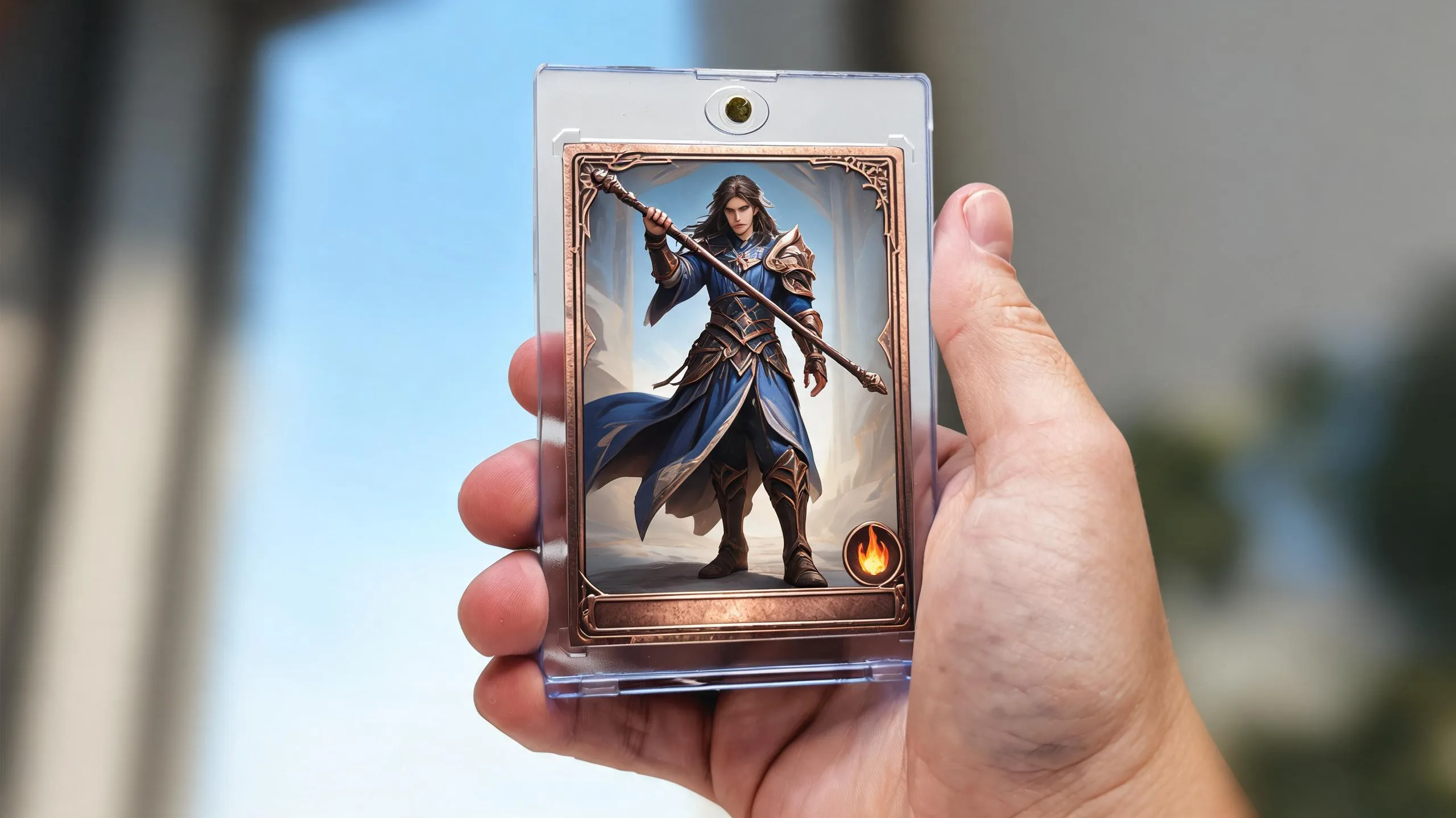 Hand holding magnetic case with fantasy trading card, illustrating how to make a tcg game