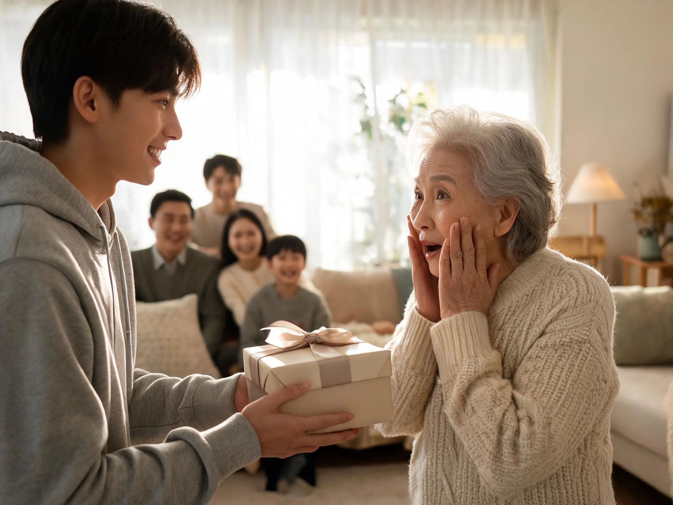 Grandmother reacting with surprise to an unexpected gift from her grandchild