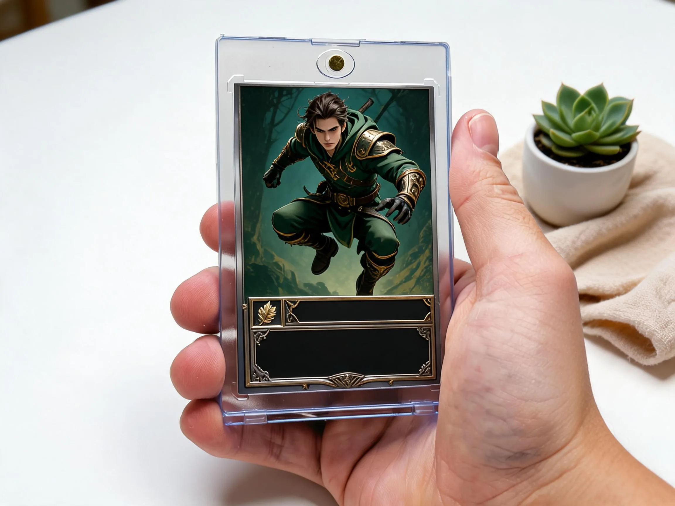 Custom keepsake trading card in a clear magnetic case on a white tabletop