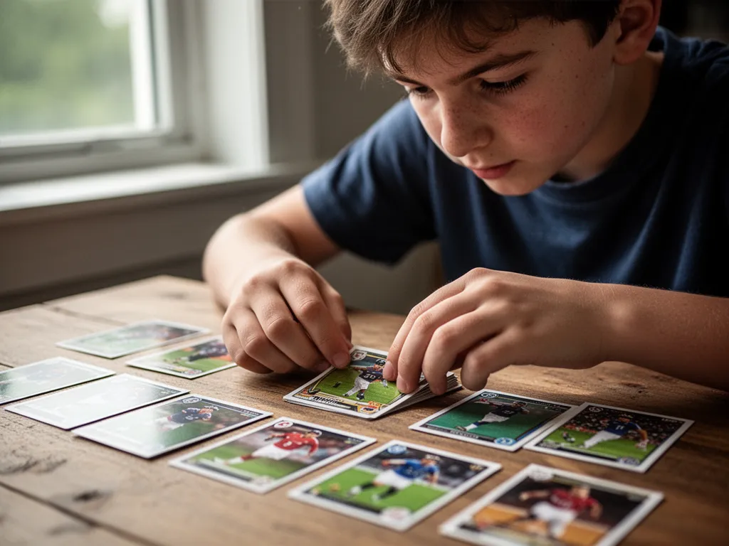 Child's hands organizing sports trading cards on table with focused concentration and natural lighting.