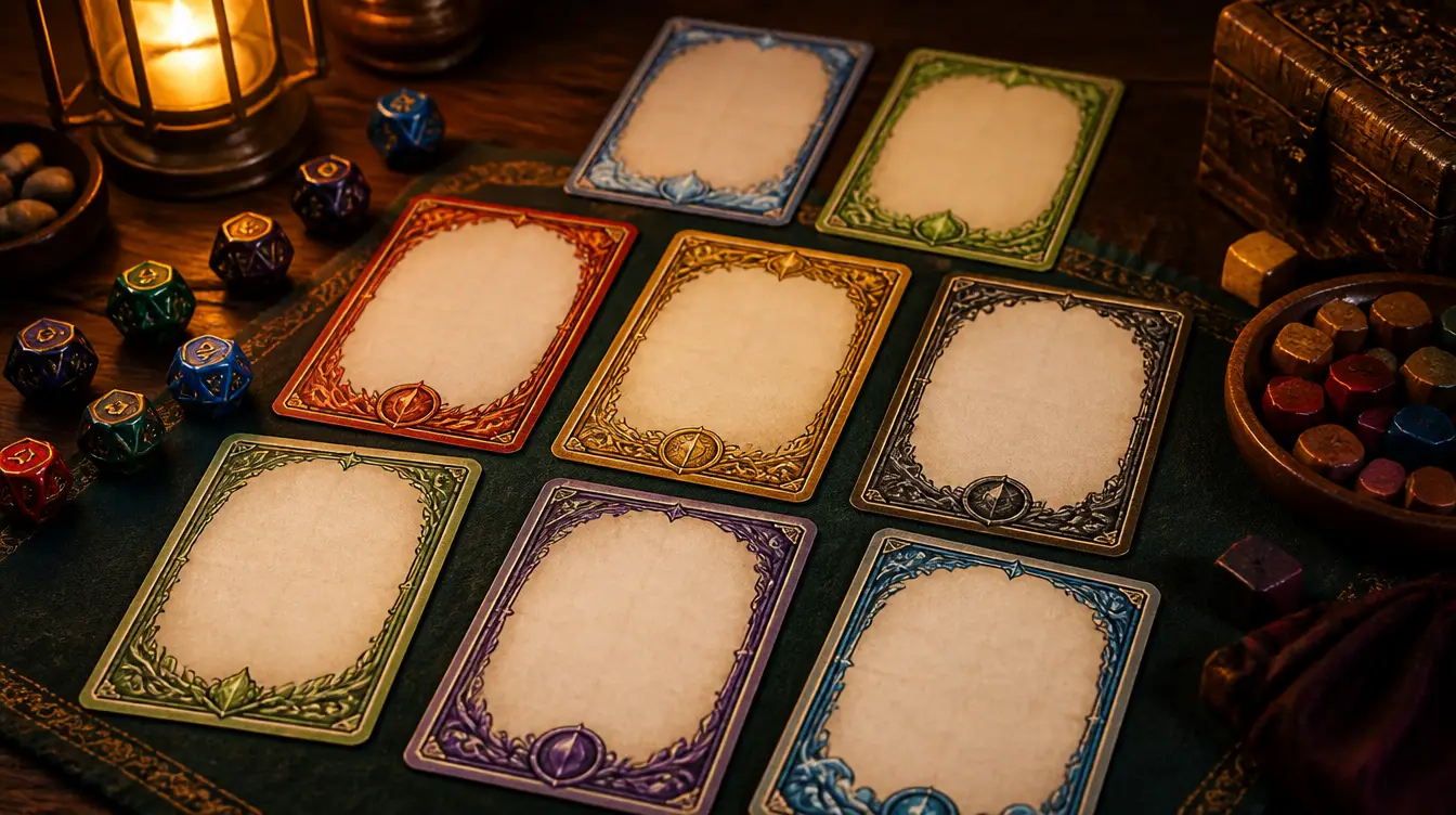 Blank game cards with ornate borders spread on a table with dice and tokens