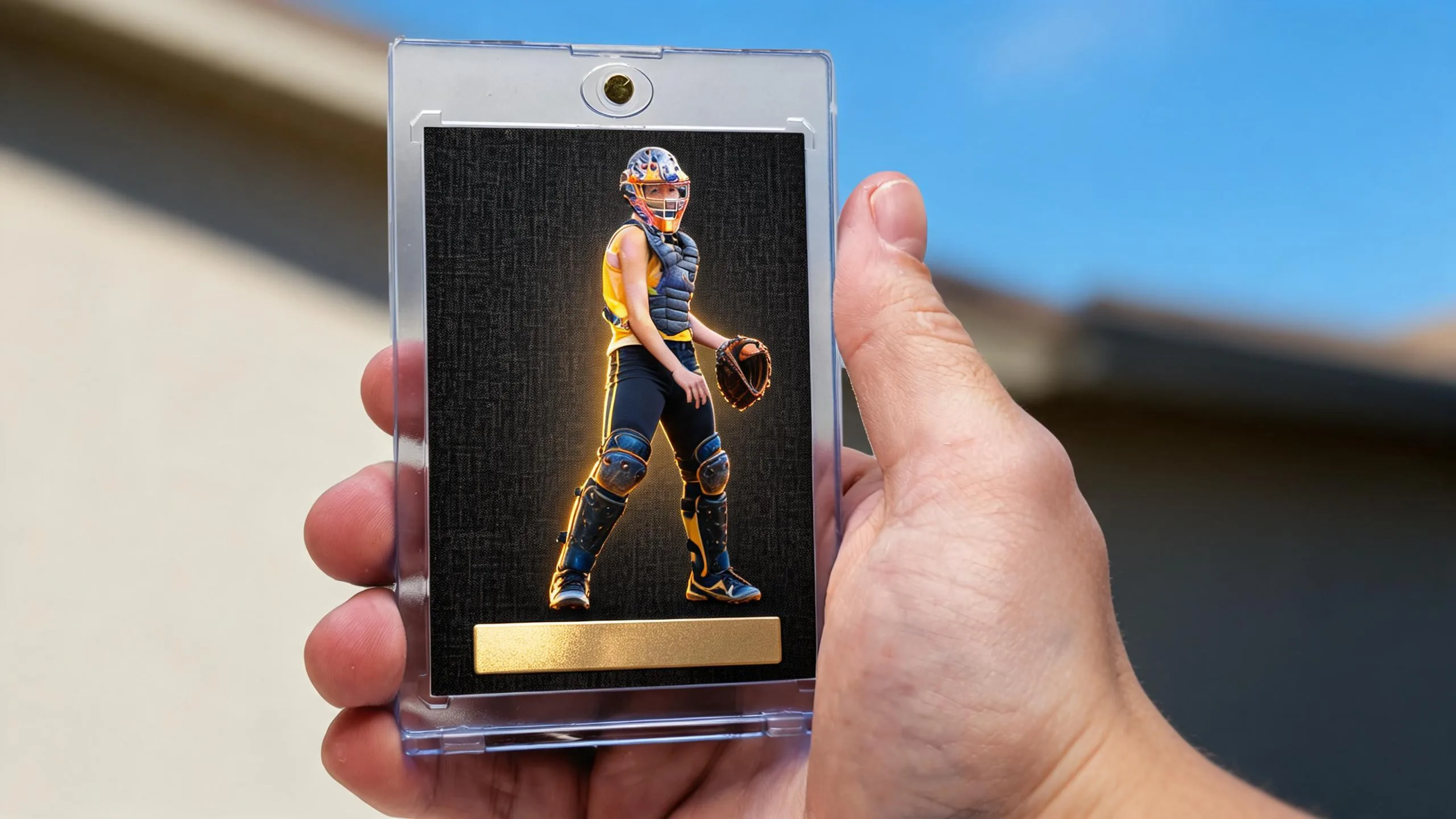 Hand holding a magnetic case with a premium dark trading card, showing how to make a trading card.