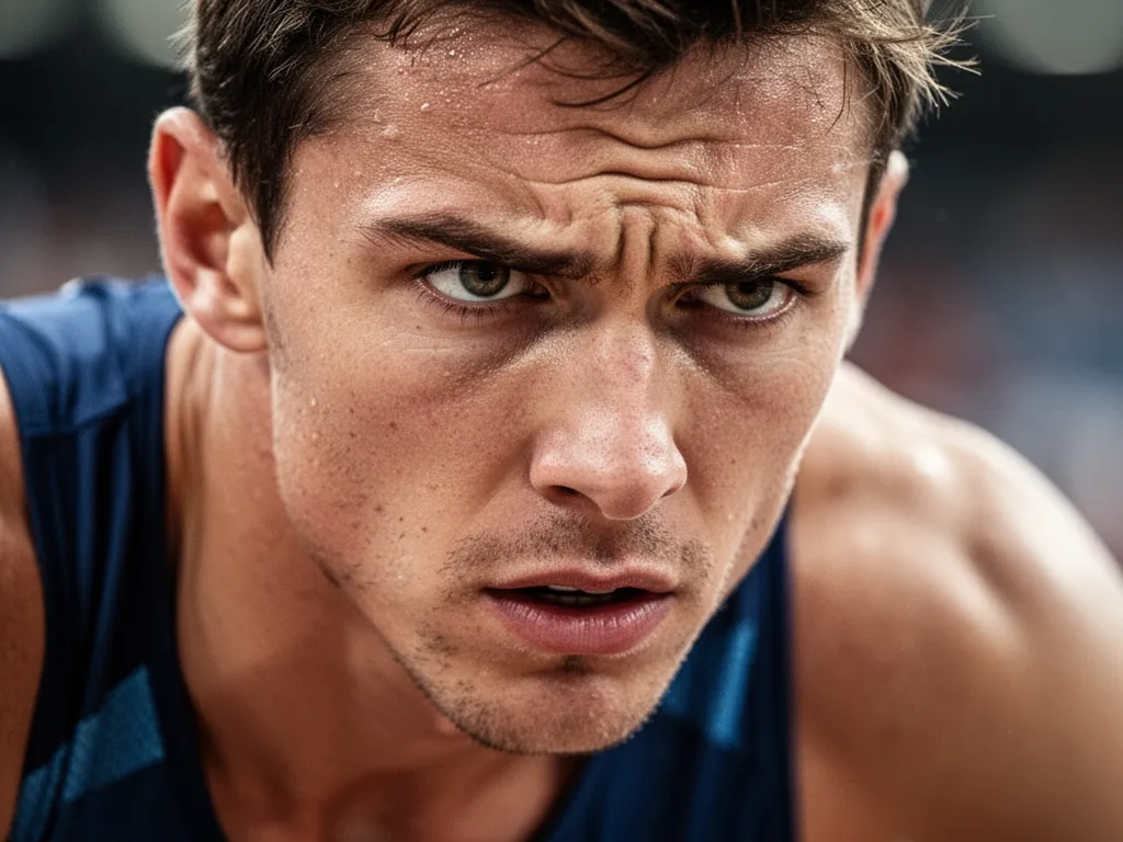 [Athlete's concentrated face showing determination during competitive sports moment]