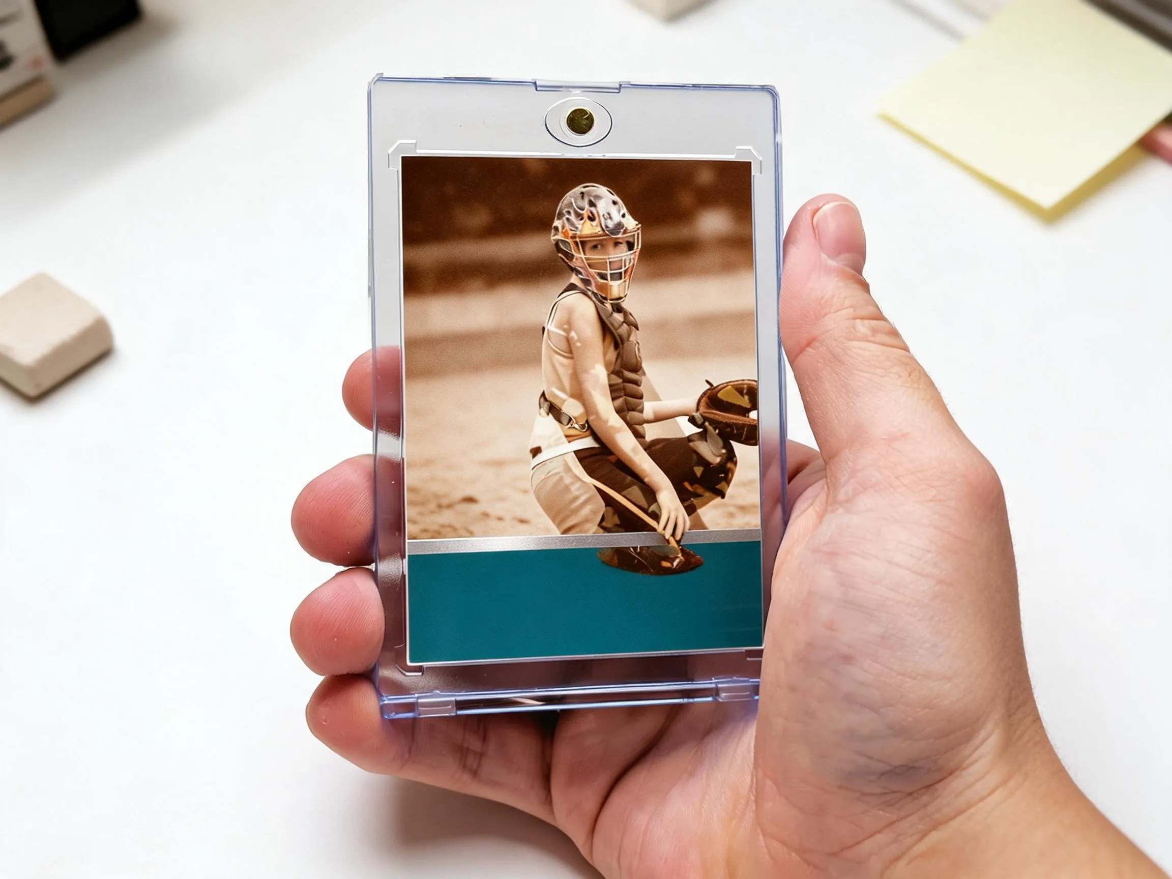 Hand holding a magnetic case with a modern custom keepsake trading card inside.