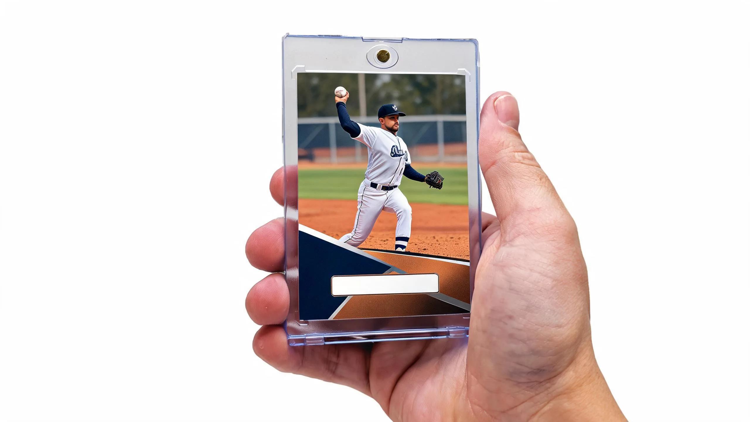 Hand holding magnetic case showing how to make baseball cards at home, pitcher card design.