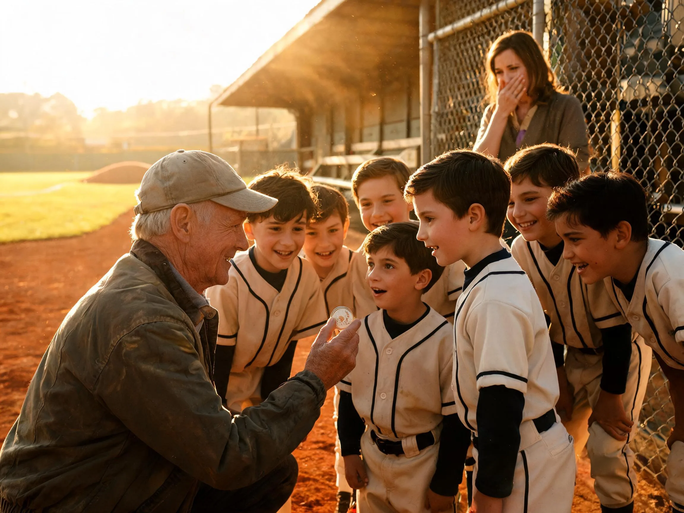 Coach and beaming young athlete share proud moment on sunlit baseball diamond near dugout.