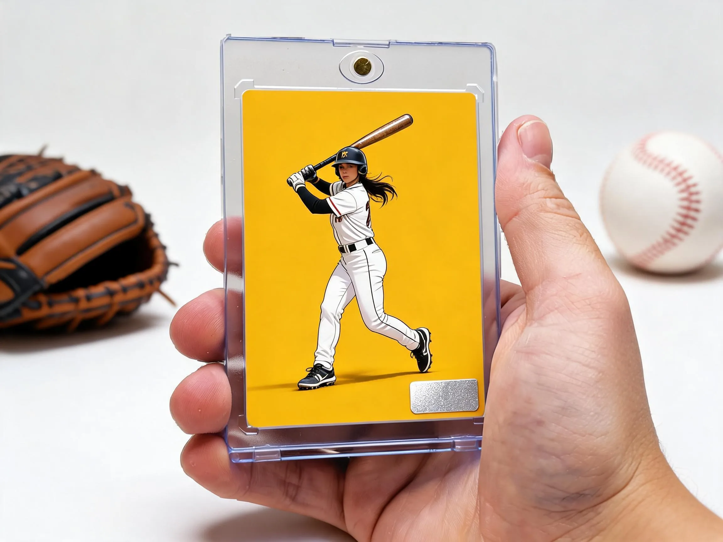 Custom baseball trading card in clear magnetic case, batter design, yellow editorial layout.