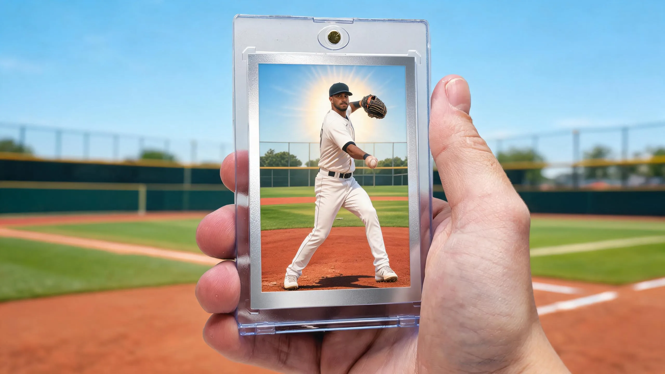 Hand holding magnetic case with custom card, illustrating how to make baseball cards.