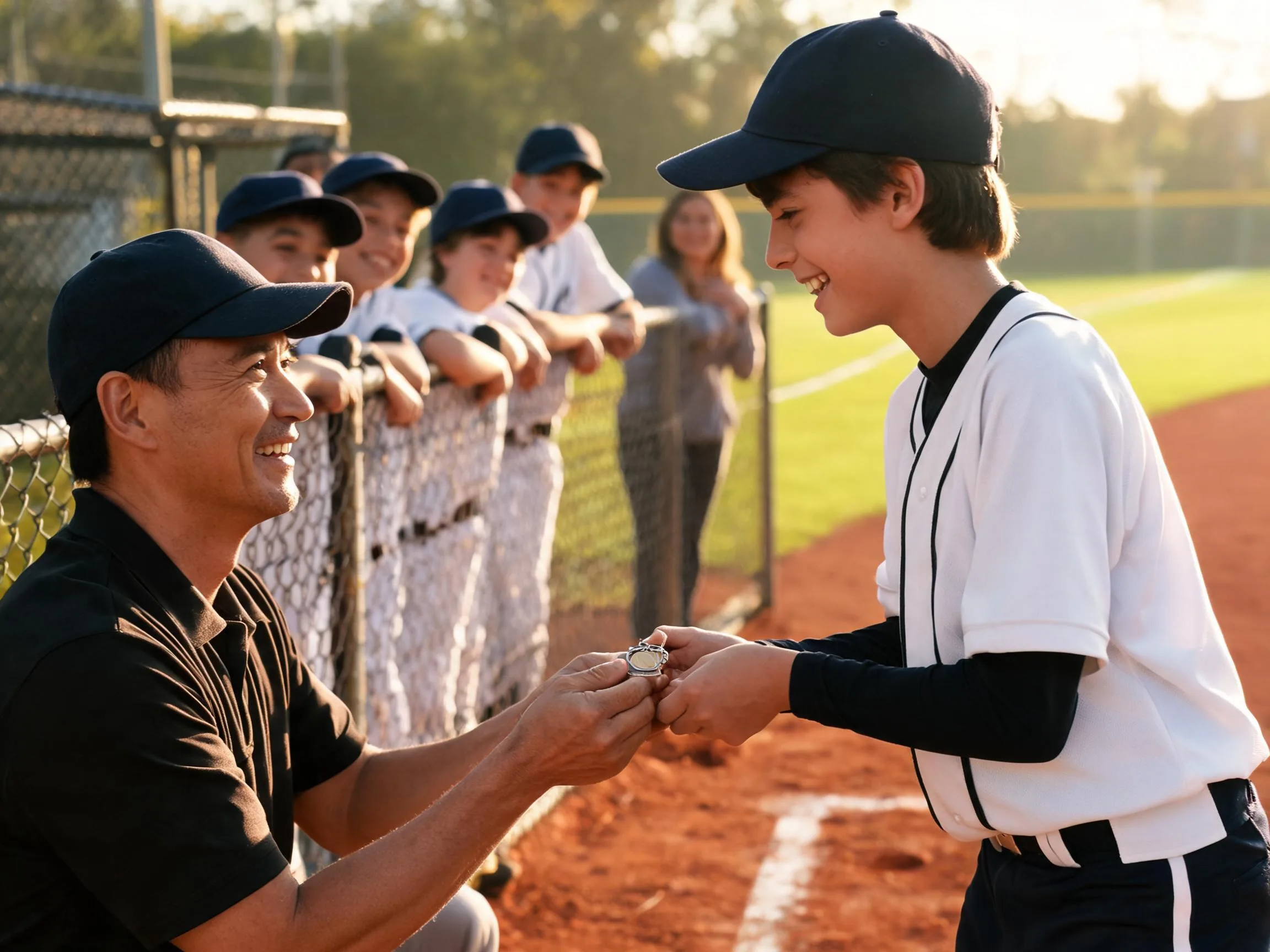 Coach and young athlete share a proud moment together at the baseball dugout fence.