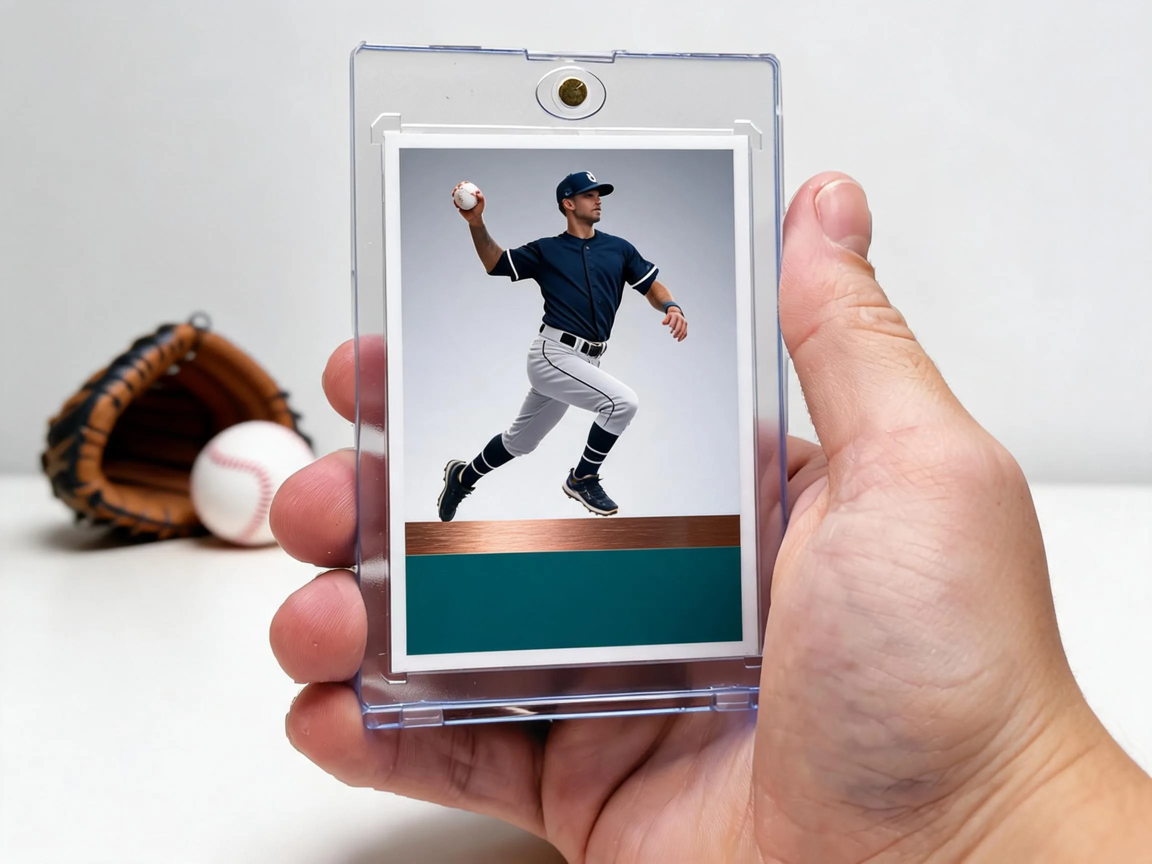 Custom baseball trading card in a clear magnetic case on white tabletop.