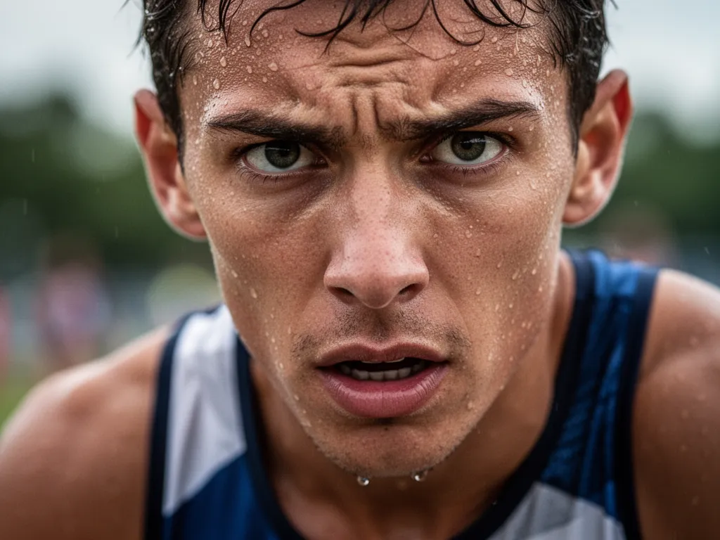 [Close-up of determined athlete showing emotion and concentration during sports competition]