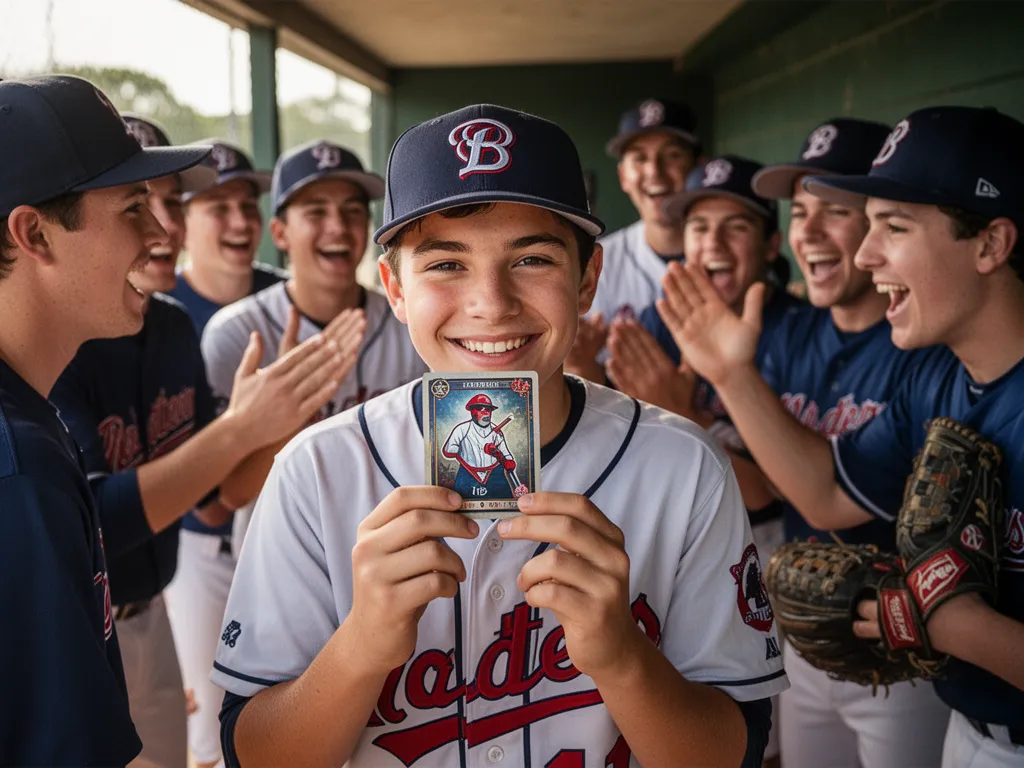 [Young baseball player smiling while holding custom card surrounded by celebrating teammates]