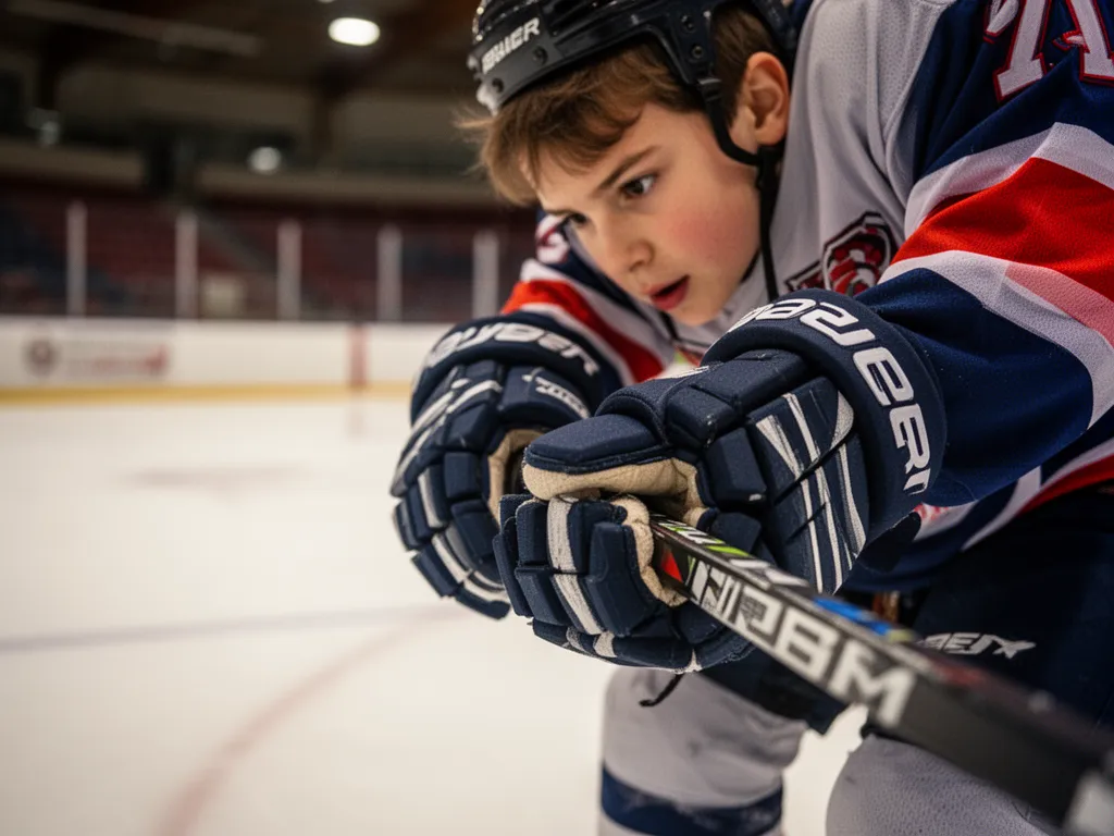 [Young hockey player's hands gripping stick showing determination and athletic focus indoors]