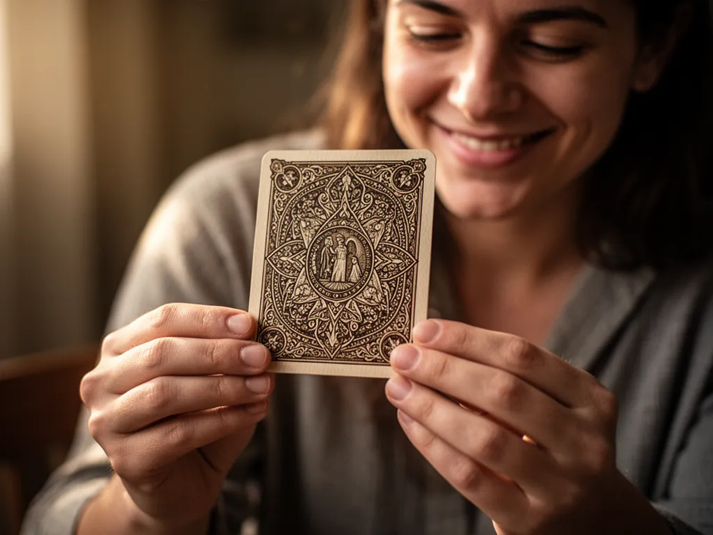 [Person proudly displaying a completed custom trading card with detailed artwork and craftsmanship visible]