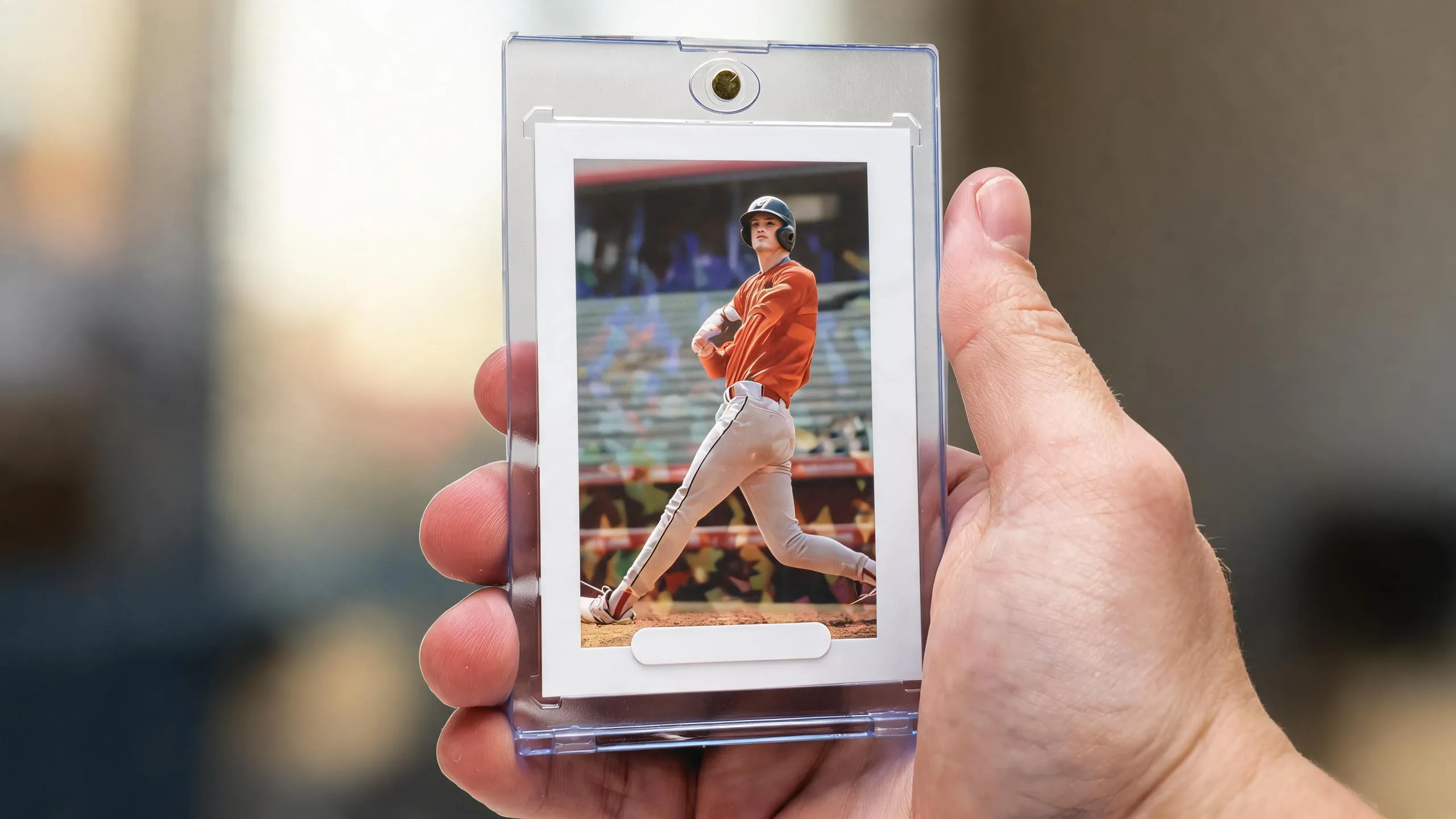 Hand holding magnetic case showing how to make custom trading cards with sunlit athlete design.