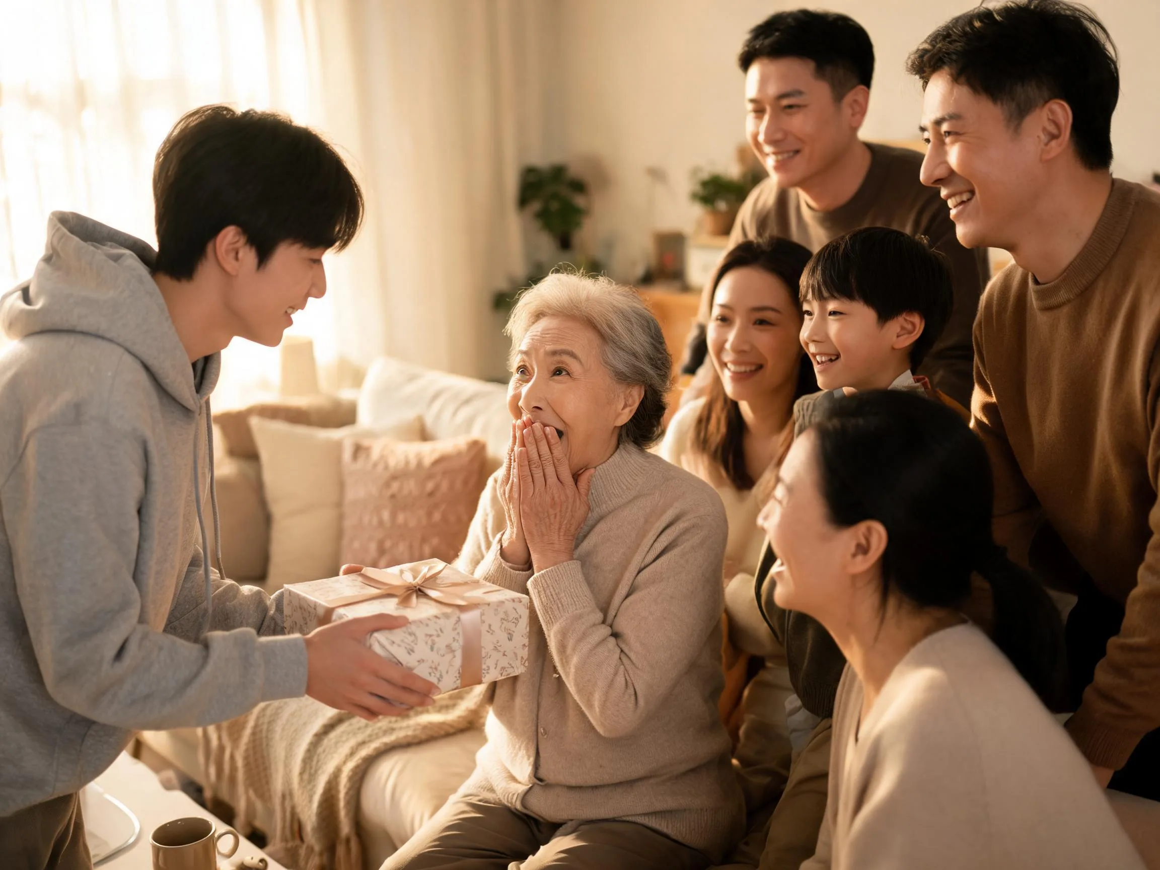 Grandmother reacts with joyful surprise while receiving an unexpected gift from family.