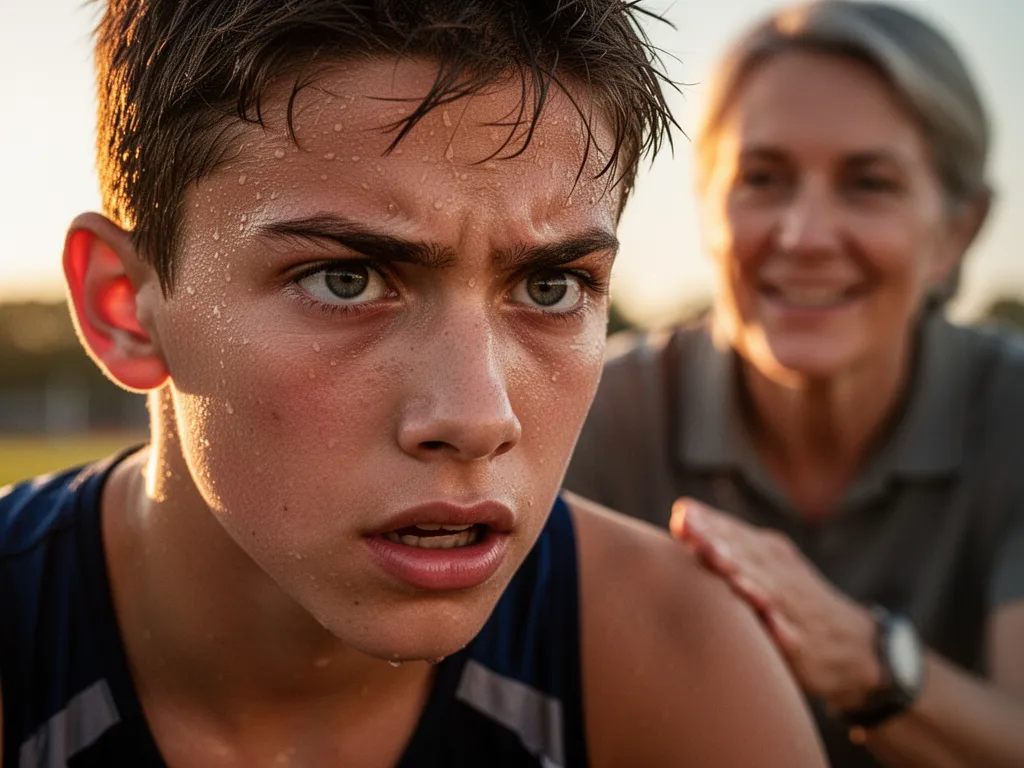 Young athlete's determined expression during competition with supportive coach or parent nearby