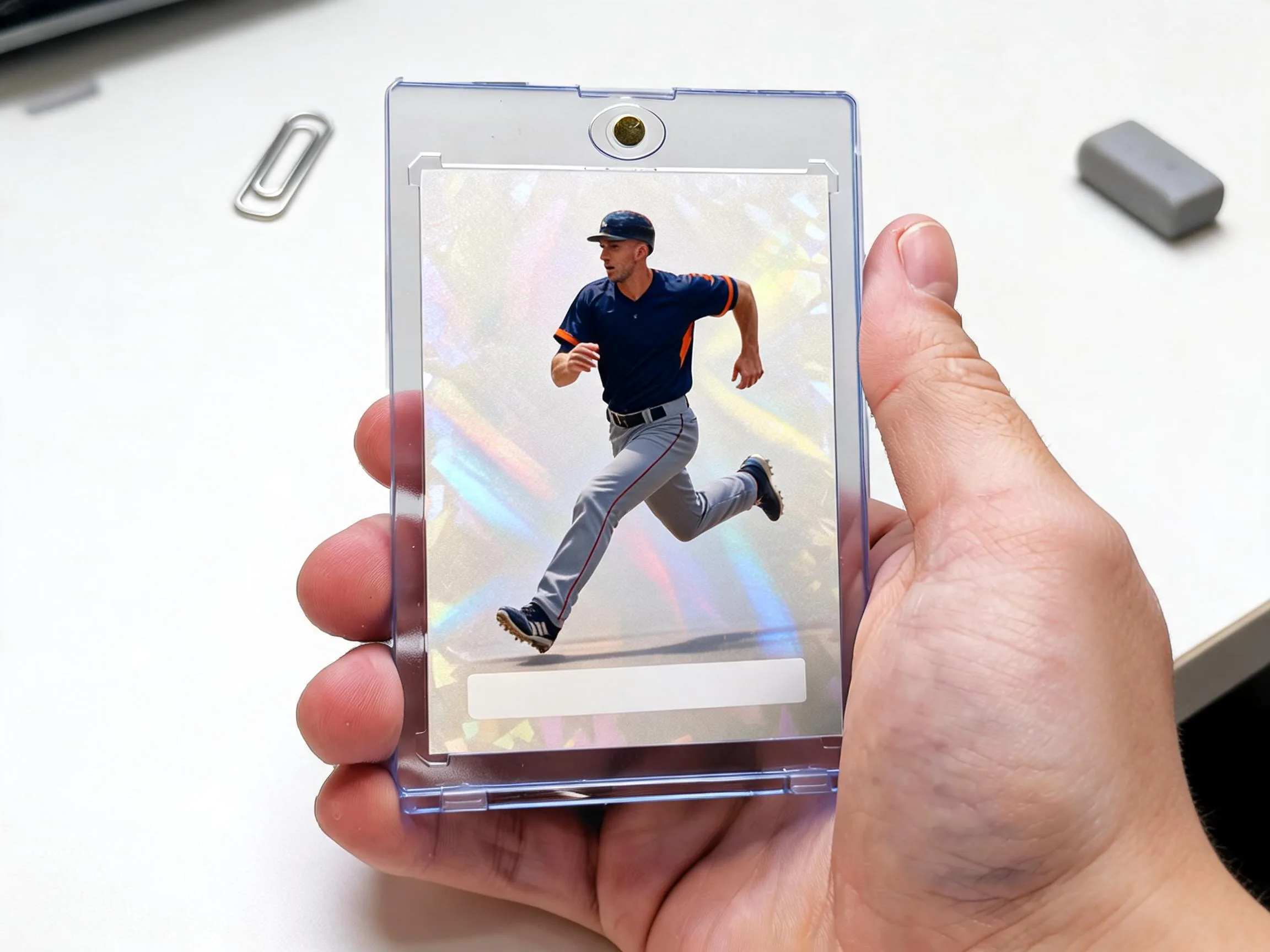 Custom keepsake trading card in a magnetic case with chrome refractor finish on tabletop.
