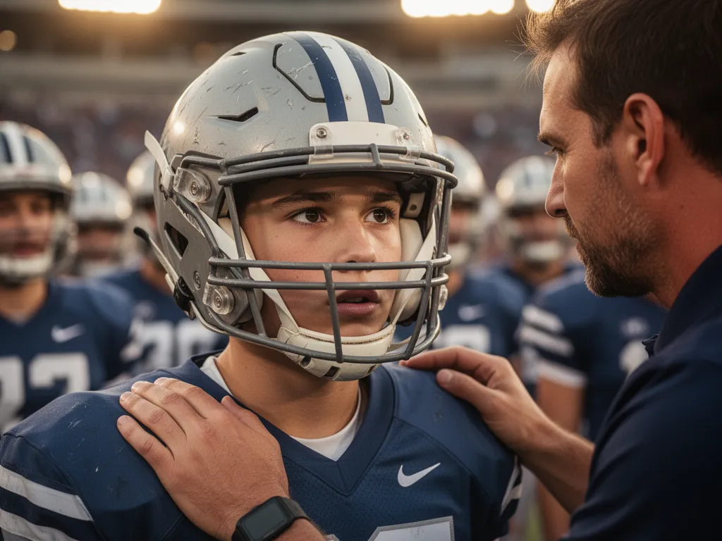 [Young football player's determined expression with coach's supportive hand on shoulder]
