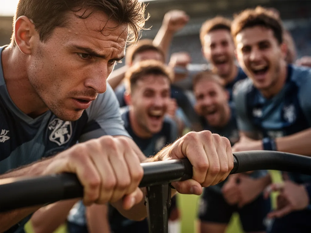 Athlete's hands gripping equipment with concentrated expression and blurred teammates celebrating nearby