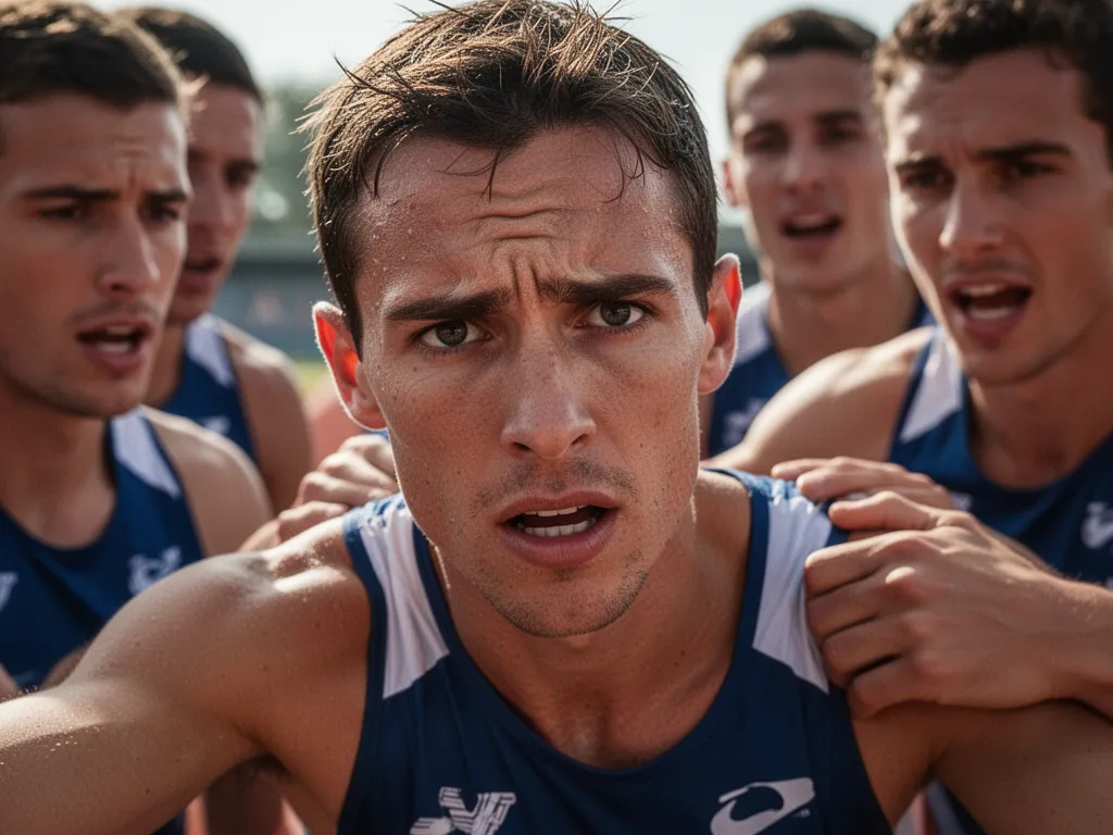 [Athlete's determined face during competition with supportive teammates visible in soft-focus background]