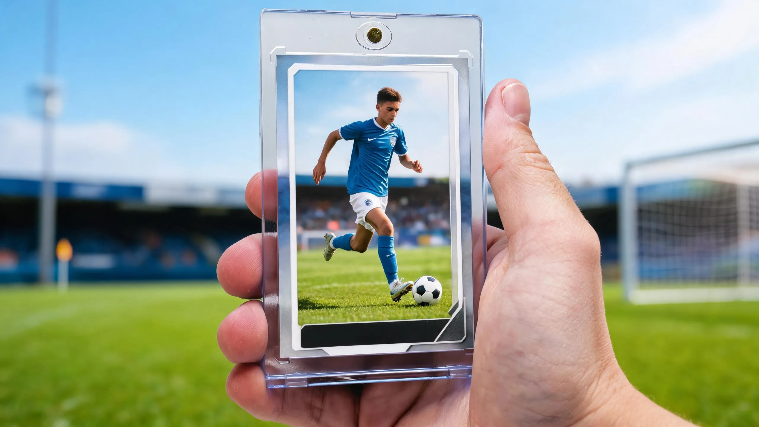 Hand holding magnetic case with soccer trading card, illustrating how to make soccer cards outdoors.