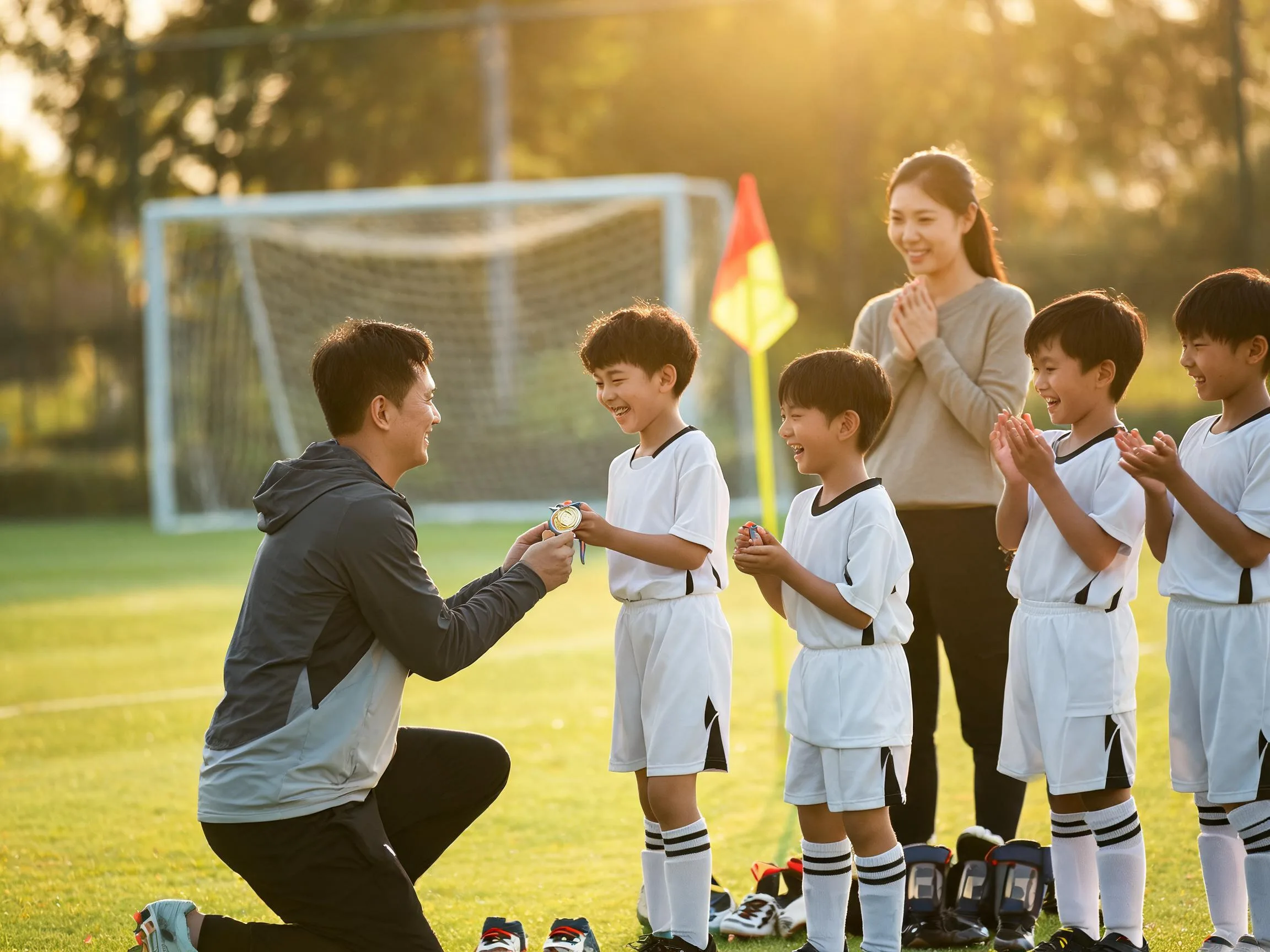 Coach and cheering teammates celebrate with young soccer player on sunny field.