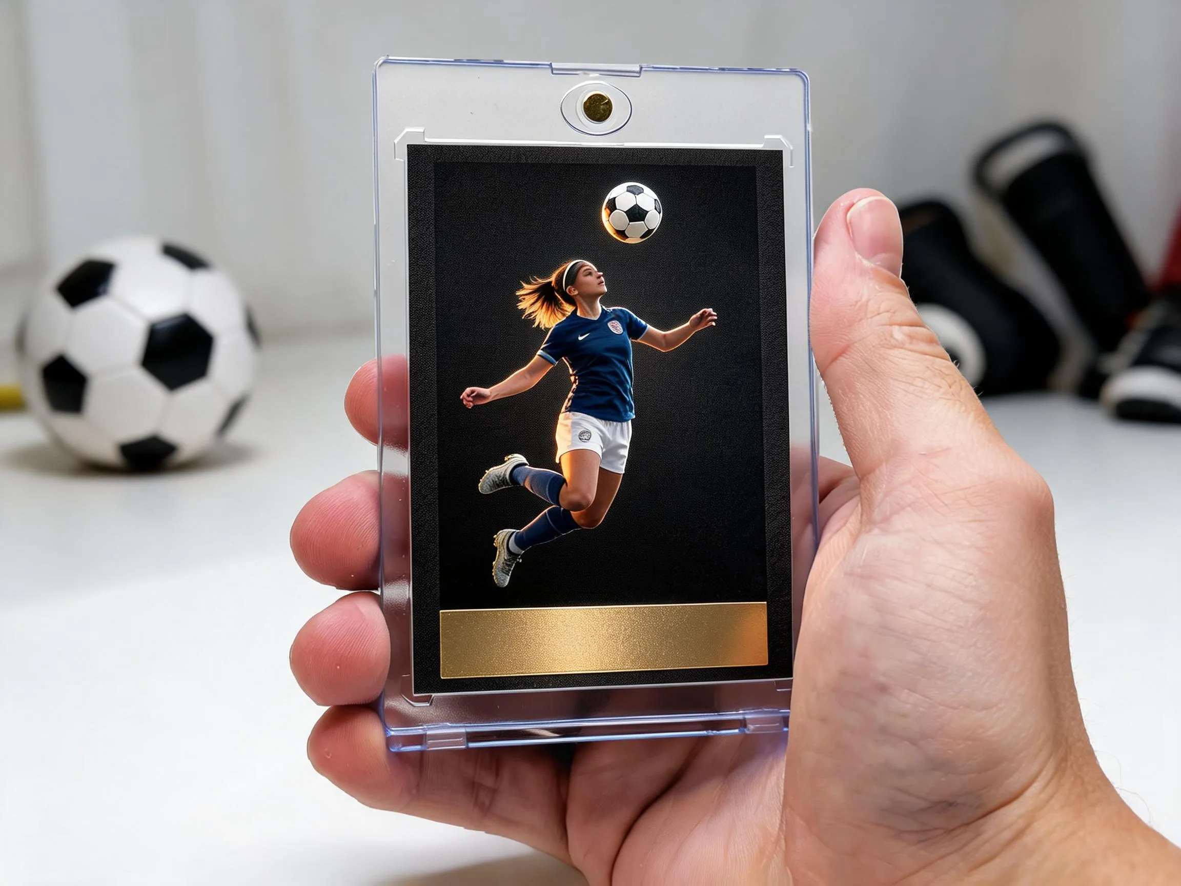 Custom soccer trading card in magnetic case with gold foil tab on white tabletop.