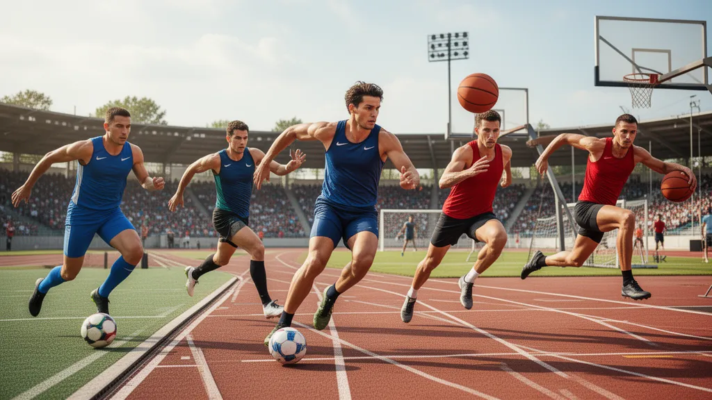 Athletes from multiple sports competing energetically outdoors with natural sunlight and dynamic movement.