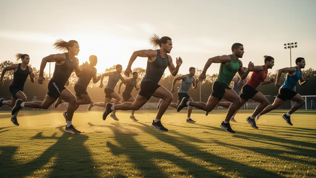 Athletes sprinting across a sunlit outdoor field with dynamic motion and natural lighting