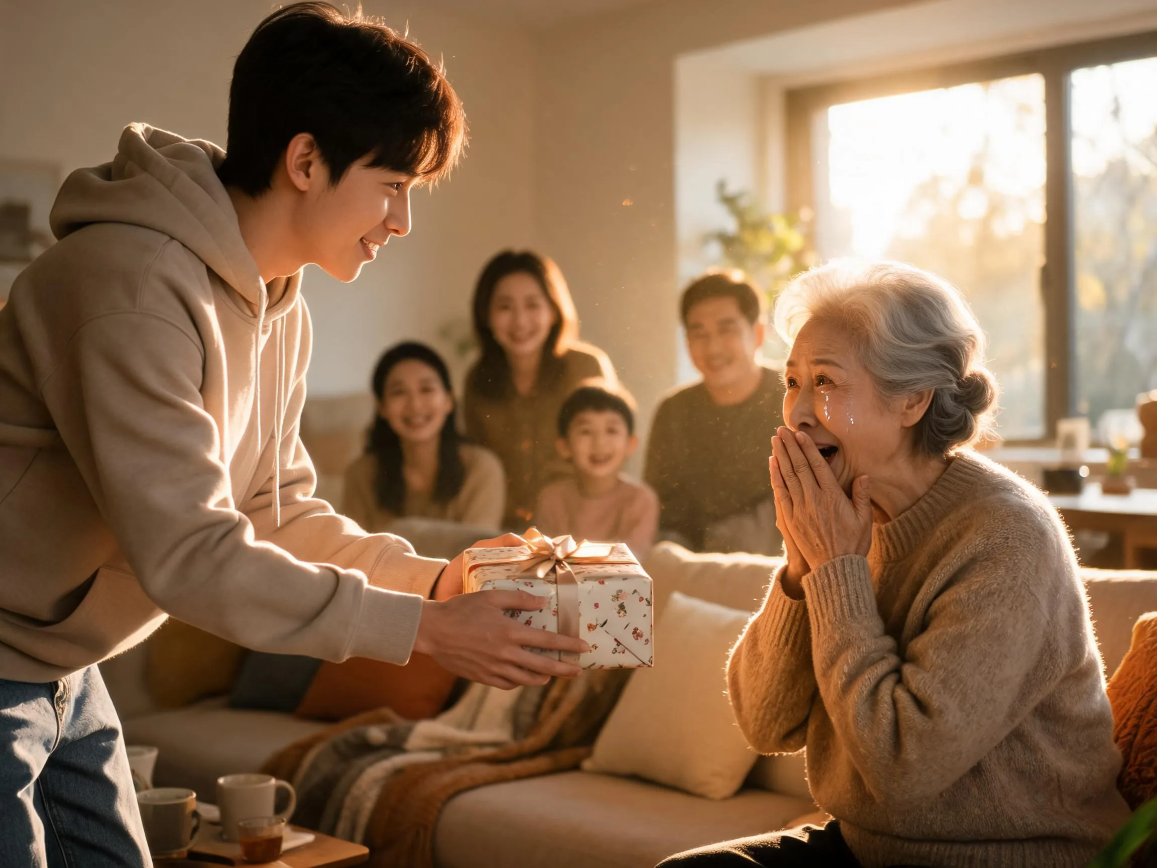 Grandmother reacting with joyful surprise as a teenager hands her an unexpected gift.