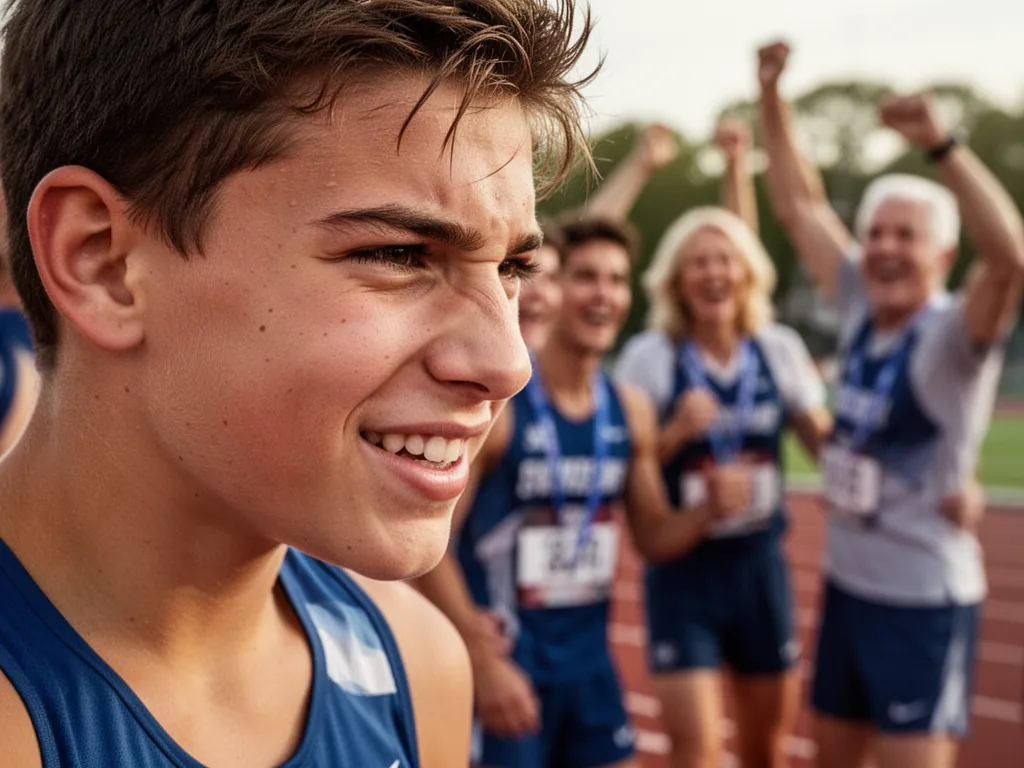Young athlete displaying pride and determination with celebrating teammates blurred behind