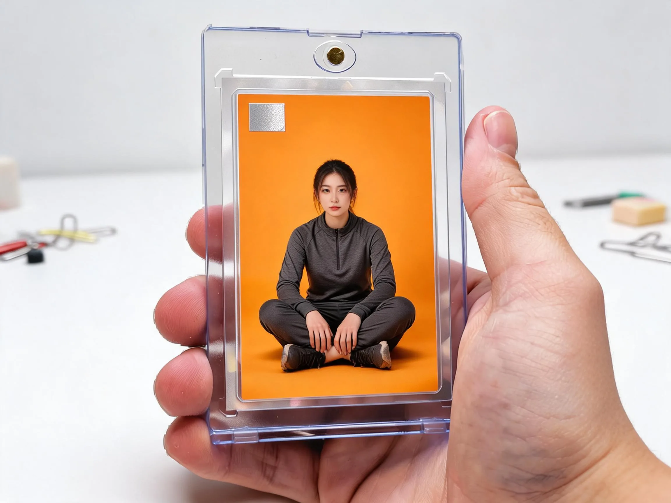 Custom keepsake trading card in magnetic case, blank foil tab, orange editorial design.