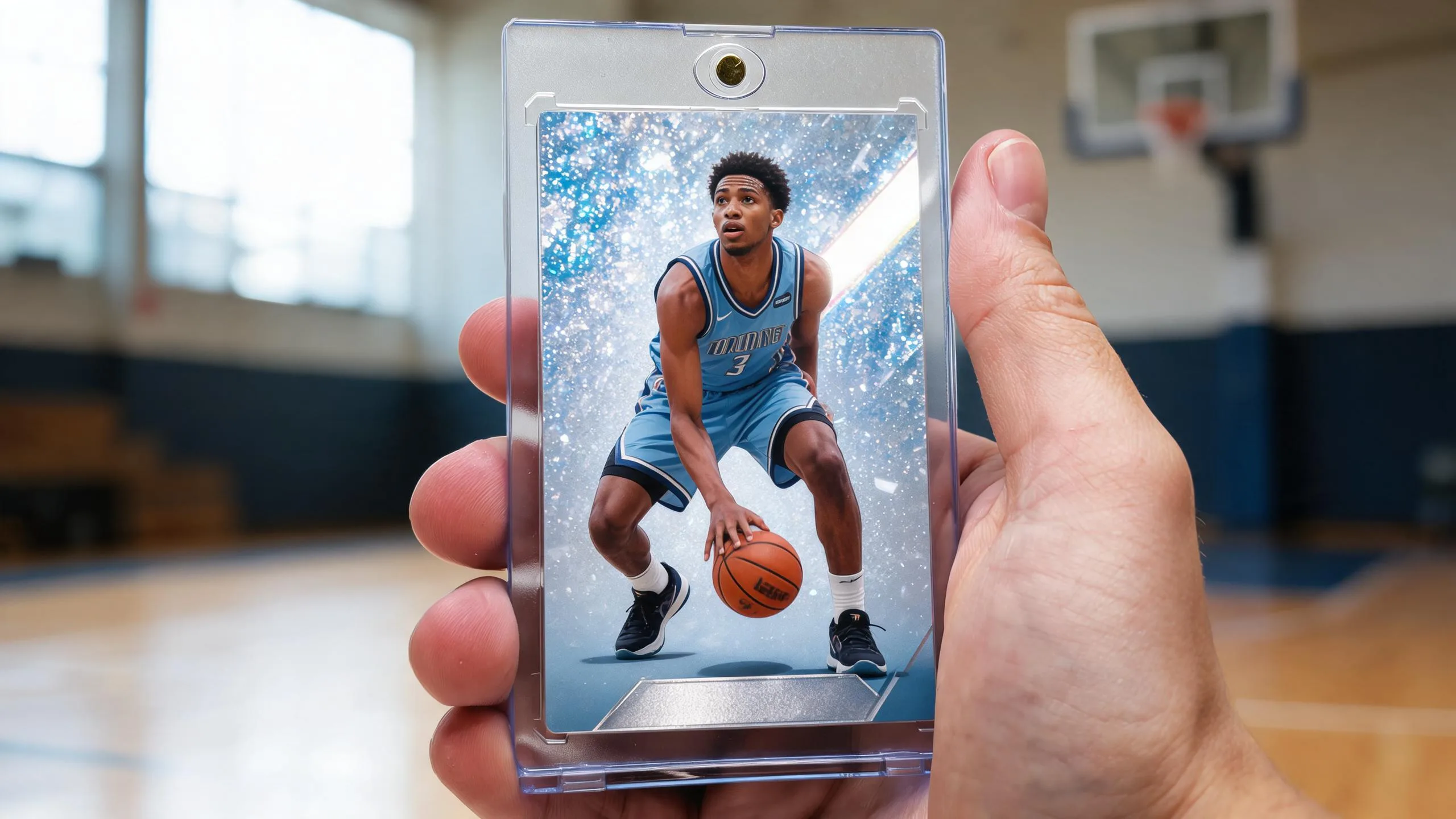 Hand holding magnetic case with custom card, illustrating how to make your own basketball card.