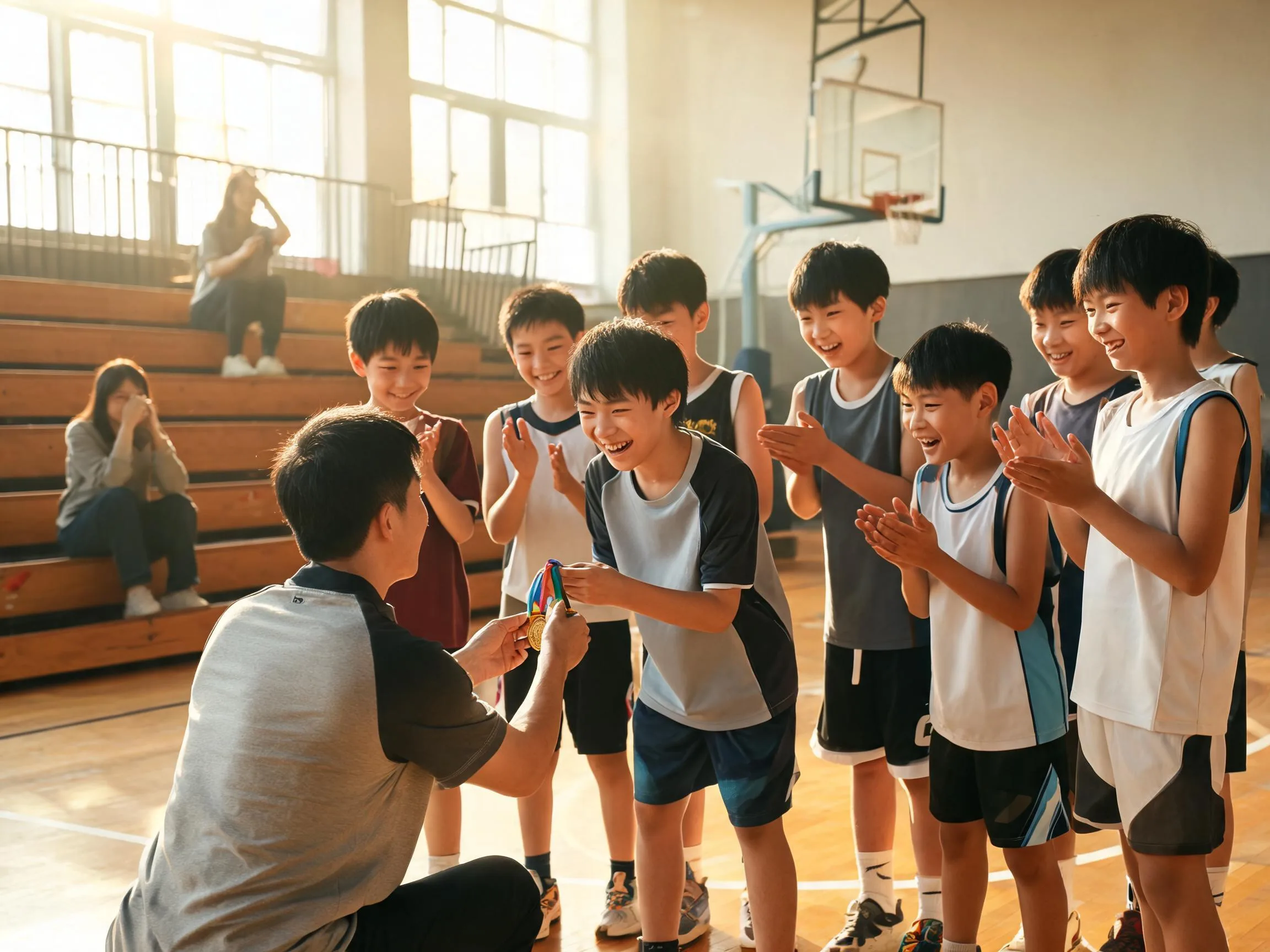 Coach and teammates celebrate with a young athlete in a sunlit gymnasium.