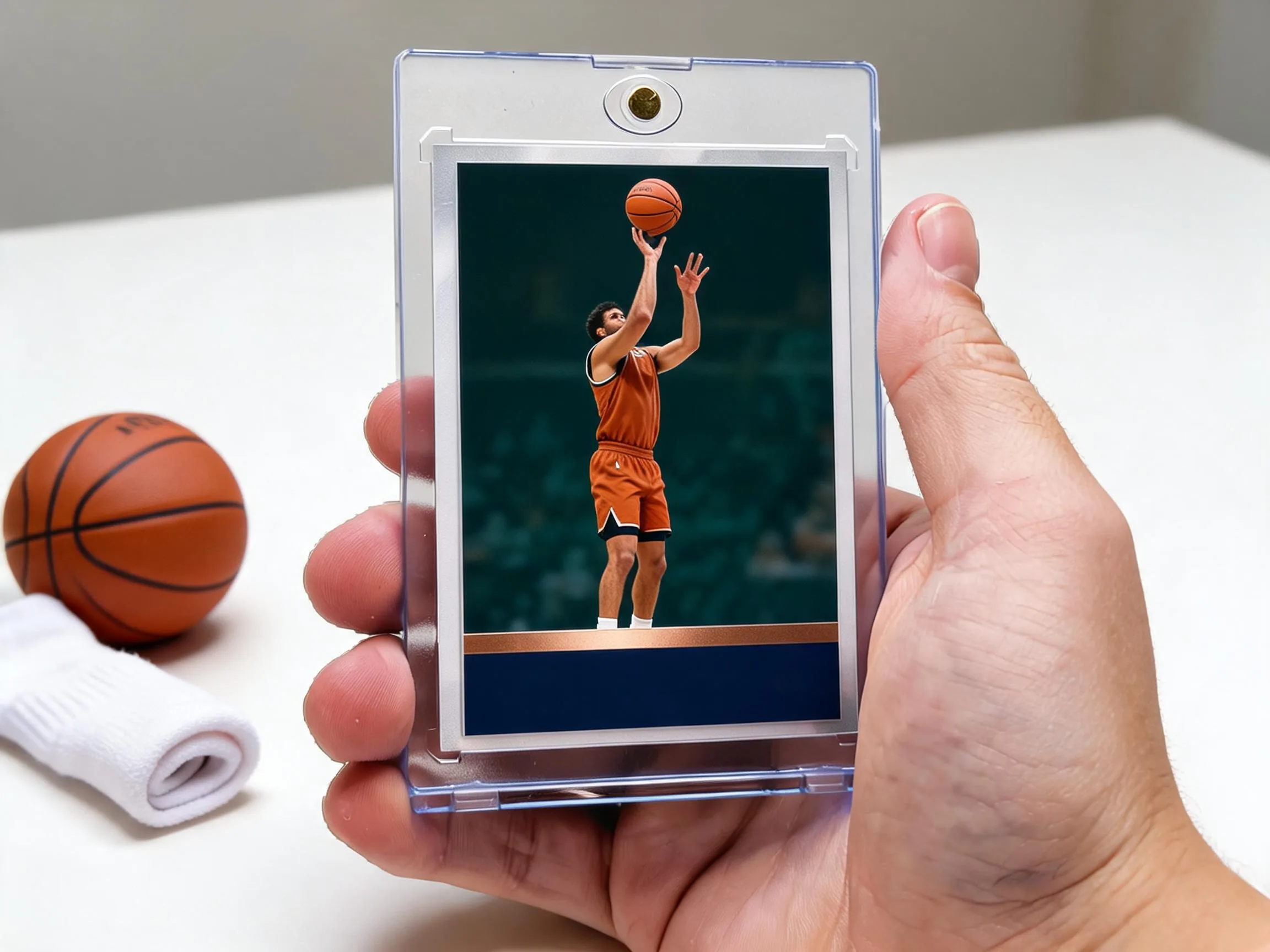 Custom basketball trading card in a clear magnetic case standing on a white tabletop.