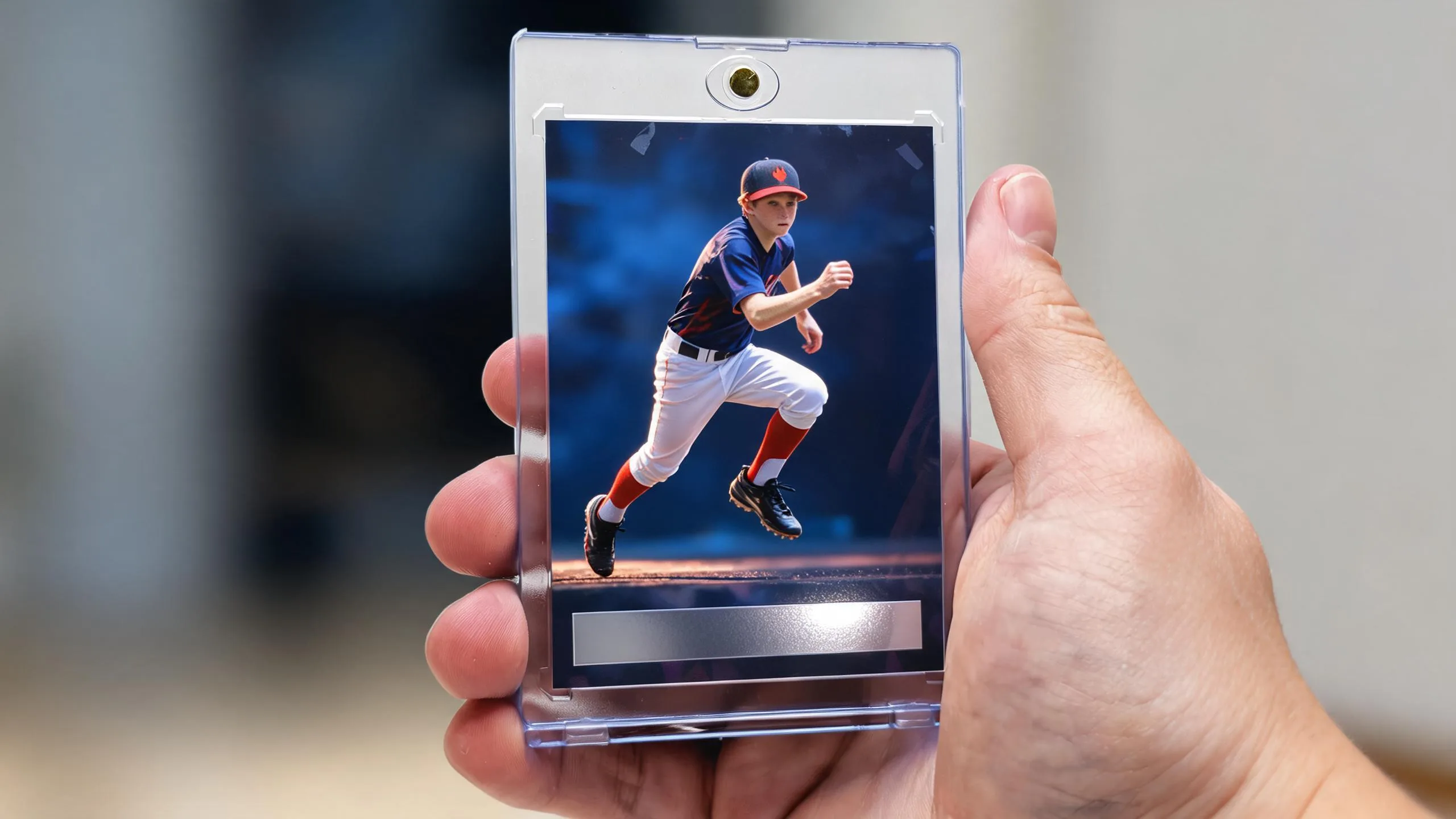 Hand holding magnetic case with custom athlete card, demonstrating how to make your own card game playing cards.