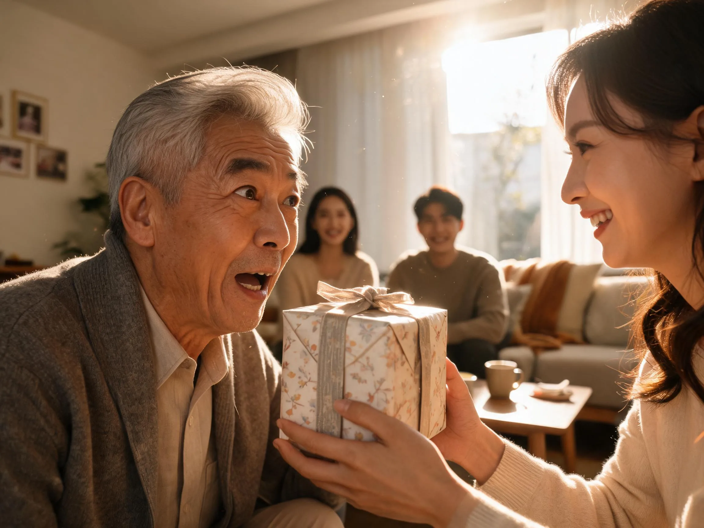 Man reacting with genuine surprise while being handed an unexpected gift indoors.