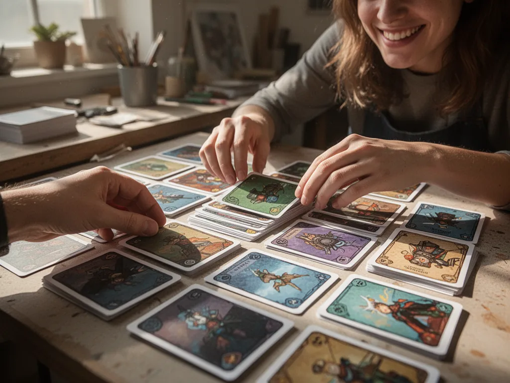 [Hands organizing finished custom playing cards with pride and satisfaction visible]