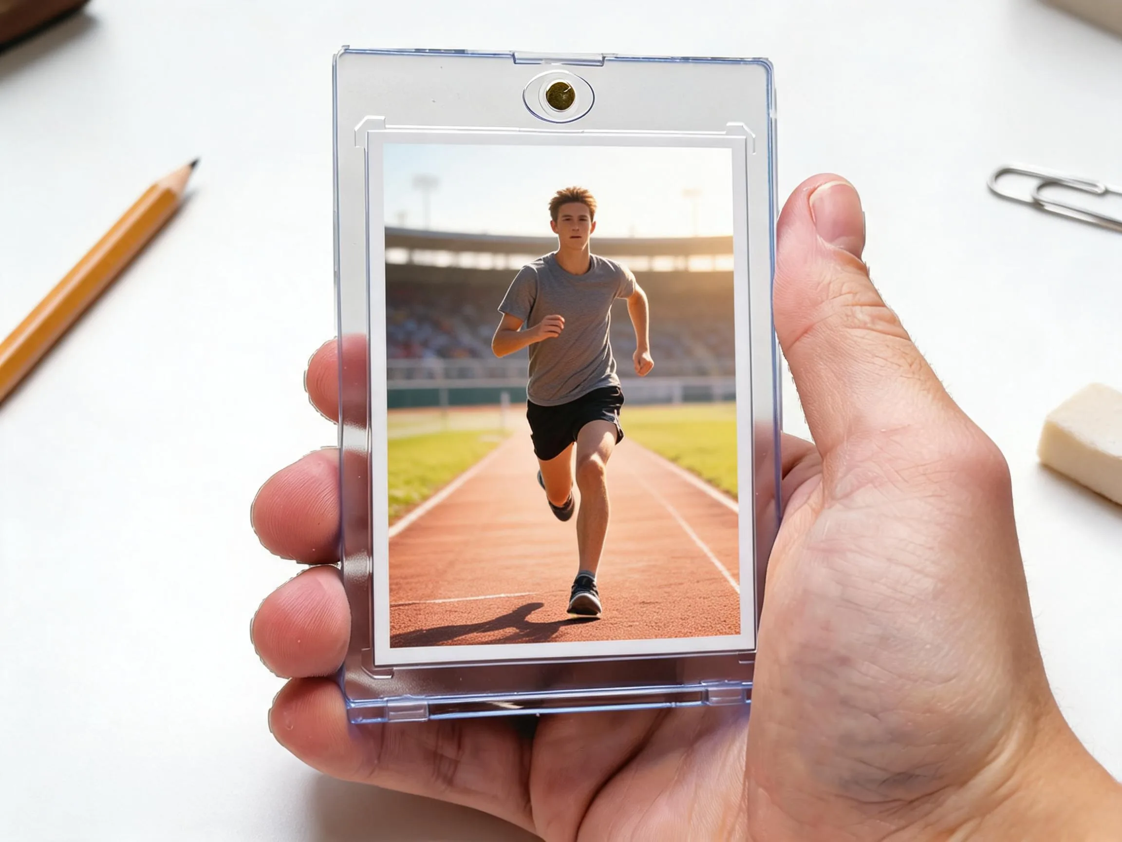 Custom keepsake trading card in a clear magnetic case resting on a white tabletop.