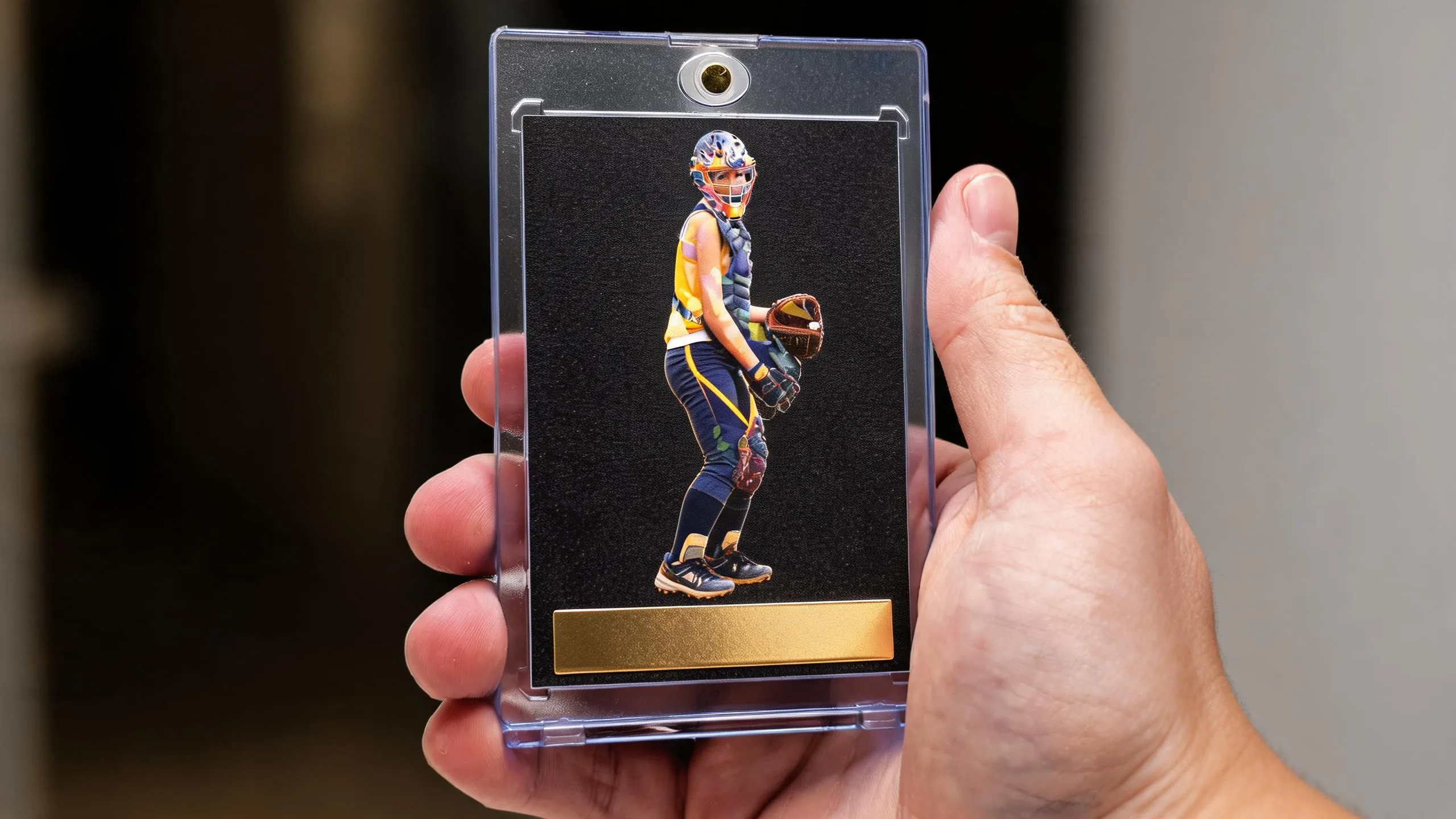 Hand holding magnetic case with premium dark foil card, illustrating how to make your own card game.