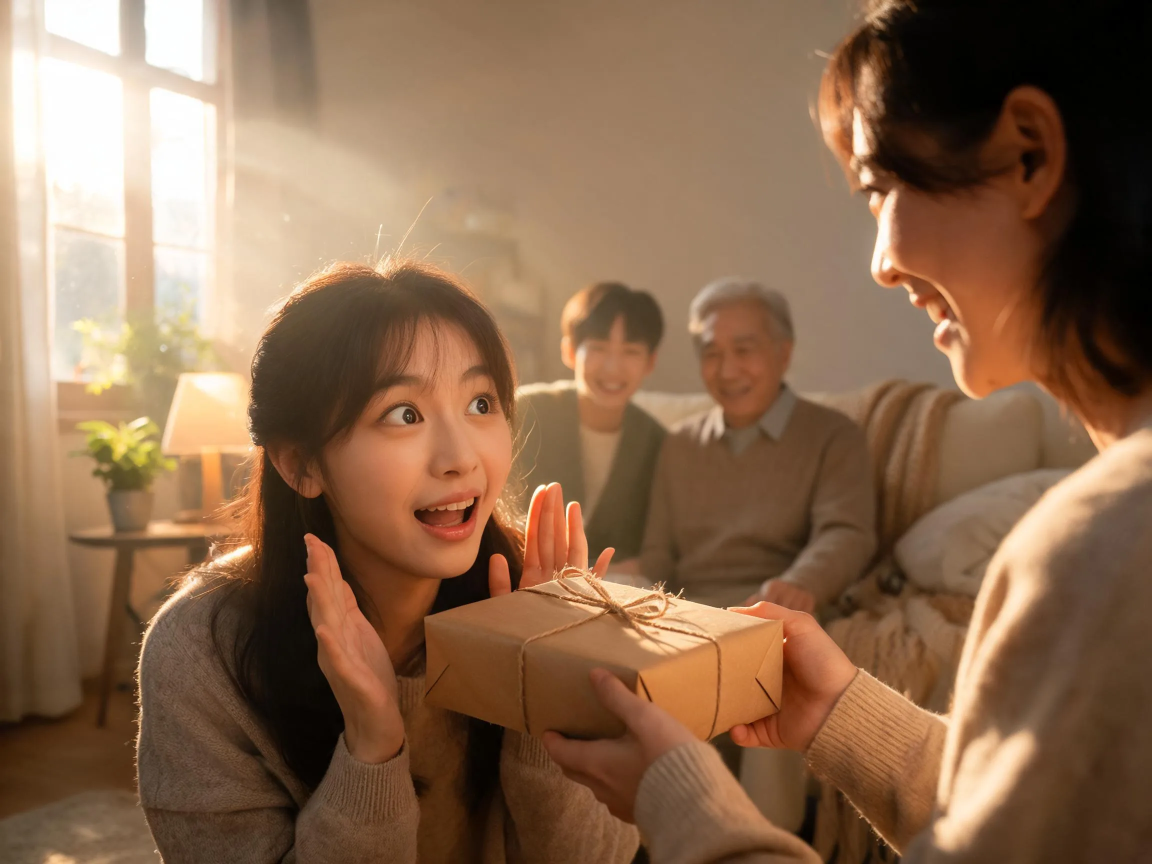 Person reacting with genuine surprise while being handed an unexpected gift indoors.