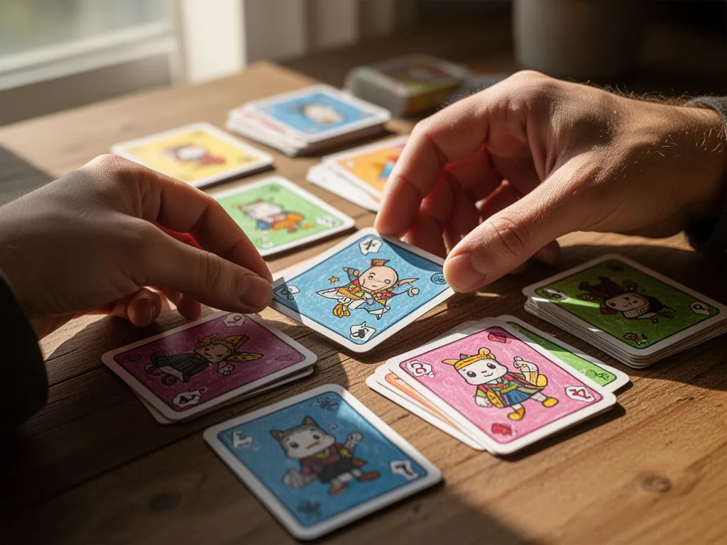 [Close-up of hands arranging handmade custom game cards on wooden table surface]
